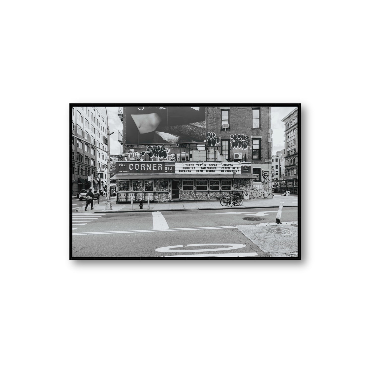 Kenmare Street New York NYC Black & White wall art Extra Large fine art canvas in black float frame
