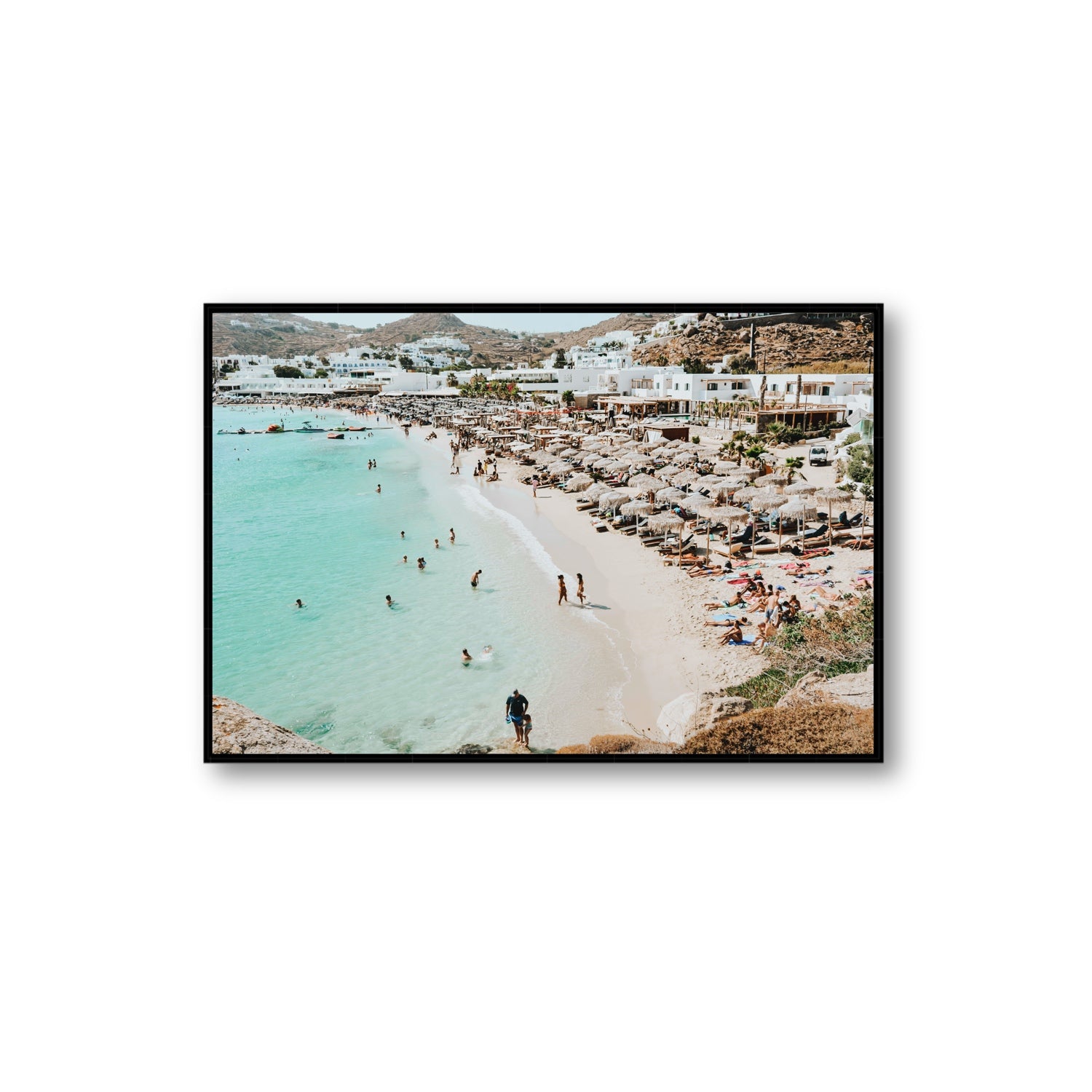 Aquaholic Mykonos Greek island wall art Extra Large fine art canvas in black float frame