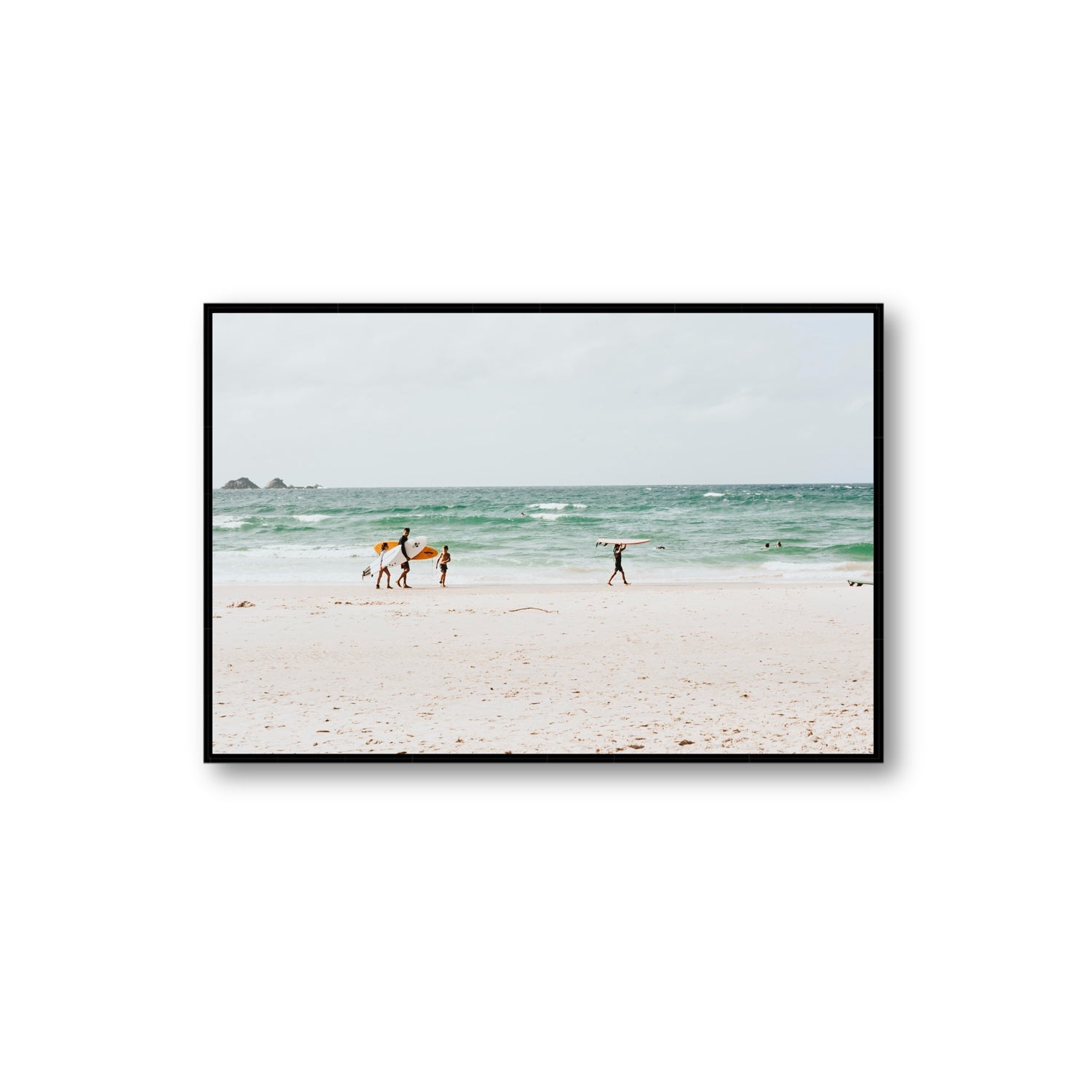 La Famiglia Byron Bay Family Surf coastal wall art Extra Large fine art canvas in black float frame