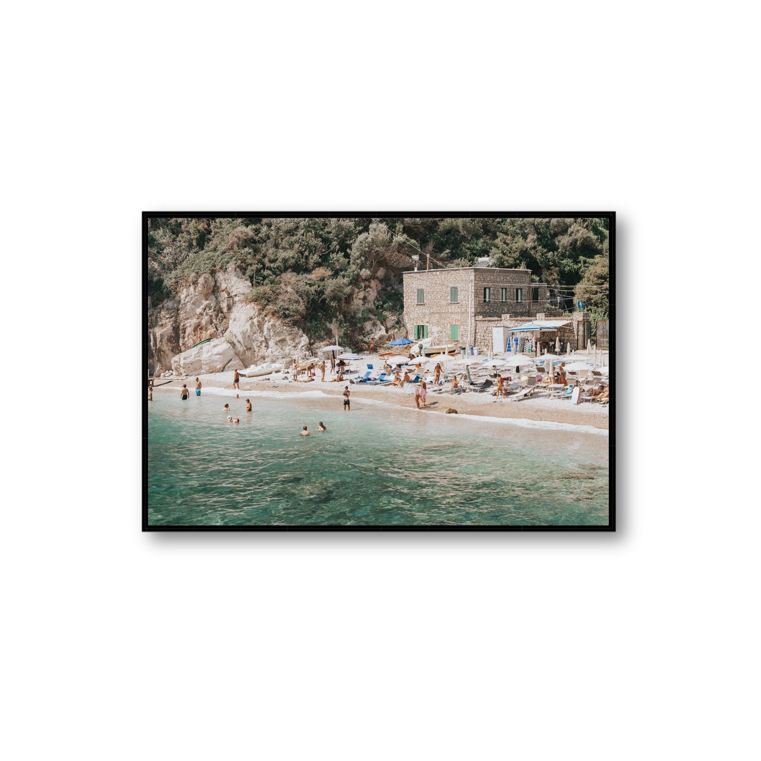 Secluded Sanctuary Nerano Italian Mediterranean decor wall art Extra Large fine art canvas in black float frame