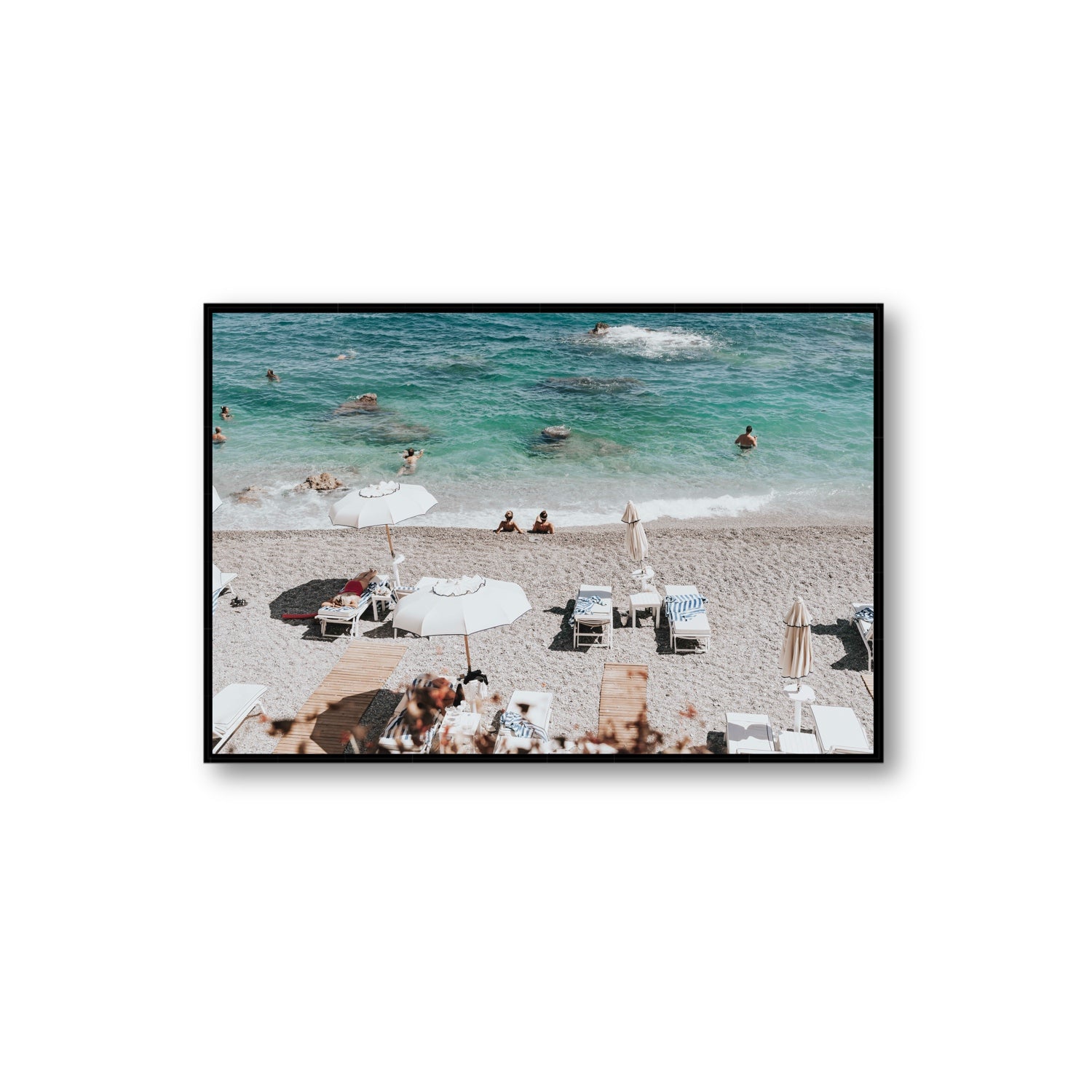 Amicizia Amalfi Italian beach wall art Extra Large fine art canvas in black float frame