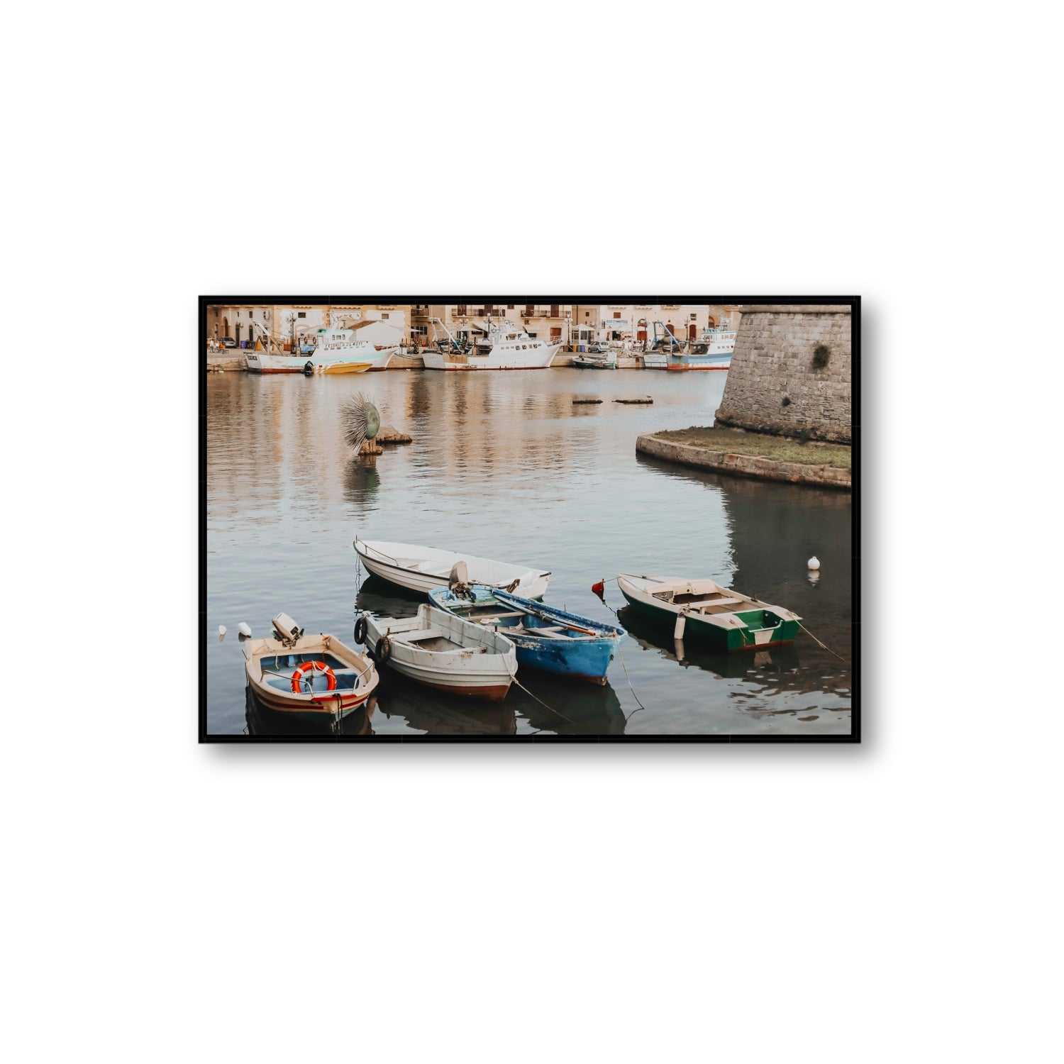 Cinque Barche Puglia Gallipoli Italian art print Extra Large fine art canvas in black float frame