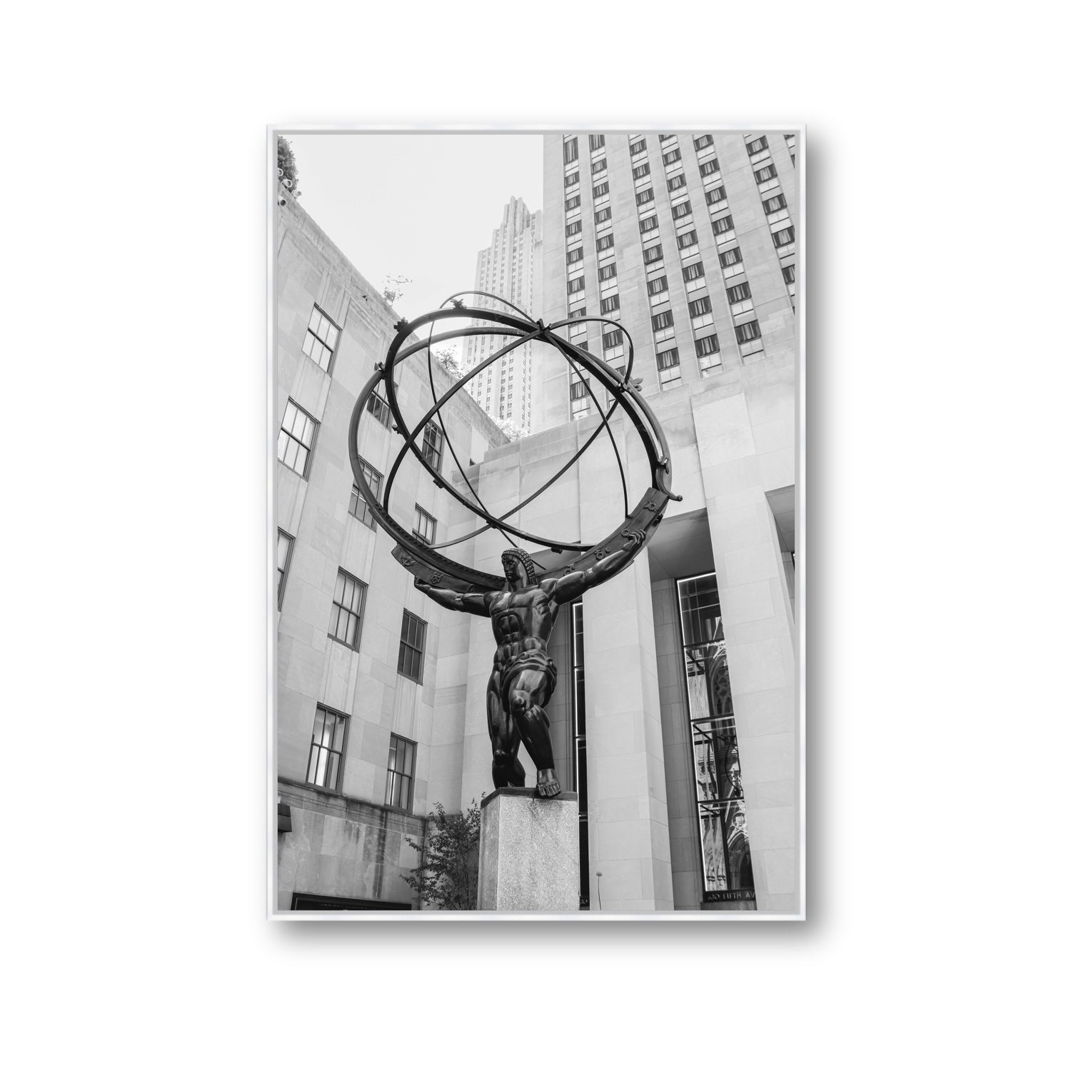 Atlas Ascends New York NYC Black & White wall art Gallery fine art canvas in white float frame