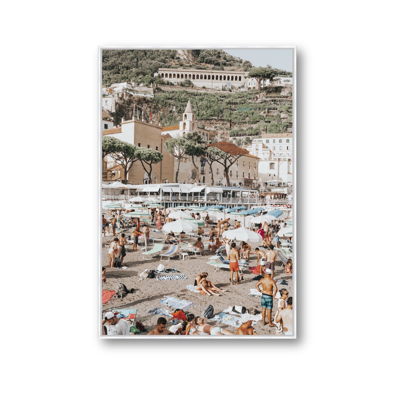 Festa In Spiaggia Amalfi coastal wall art Gallery fine art canvas in white float frame