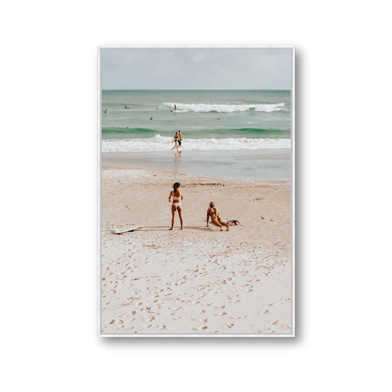 Gidget & Betty Byron Bay beach coastal wall art Gallery fine art canvas in white float frame