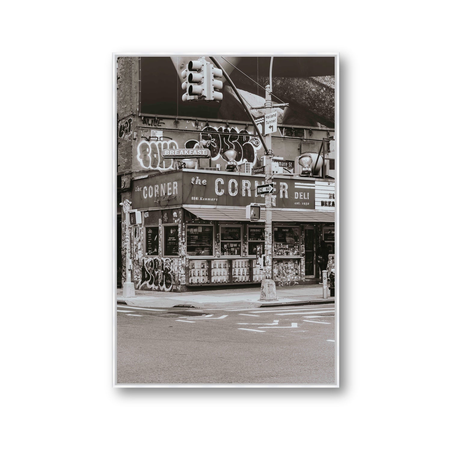 Soho Deli New York NYC Black & White wall art Gallery fine art canvas in white float frame