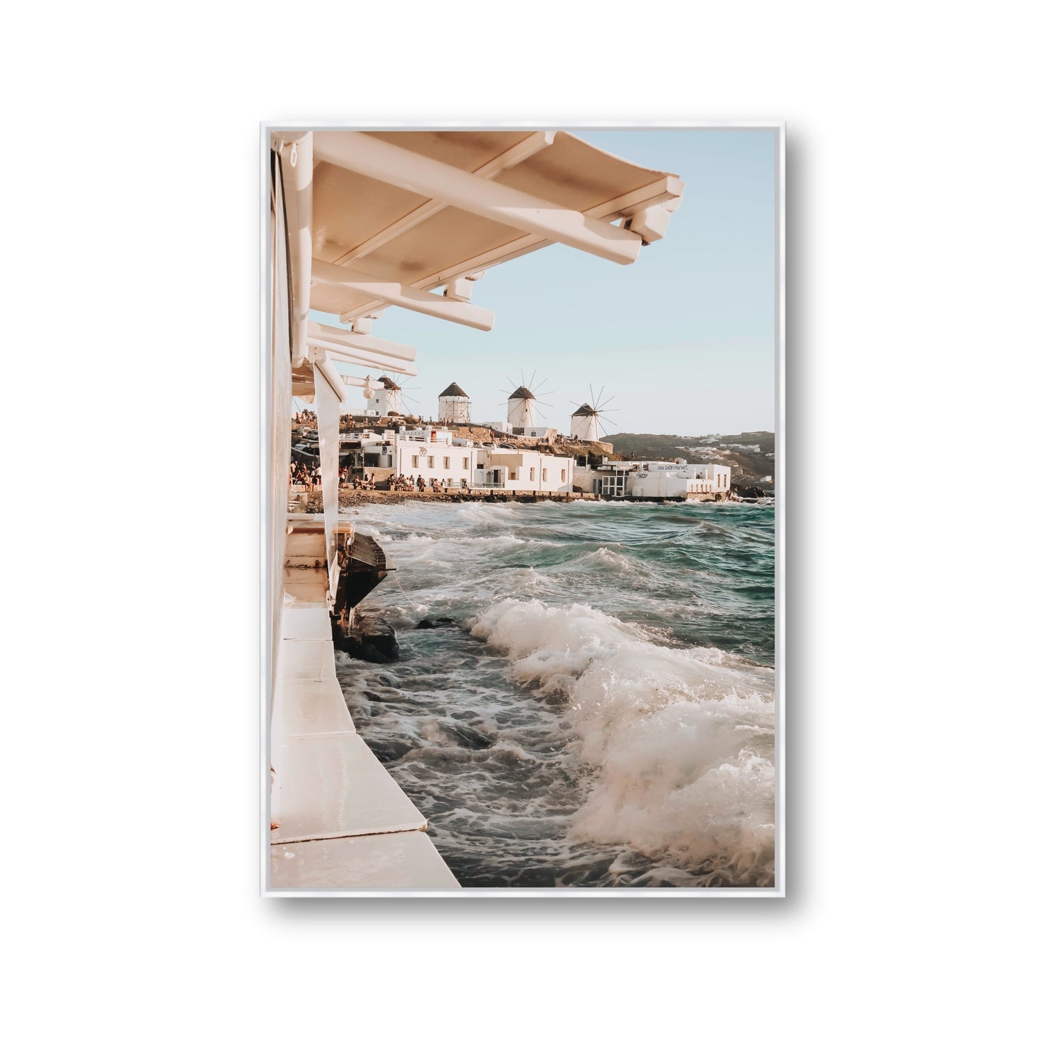 Windmills Mykonos Greek island wall art Gallery fine art canvas in white float frame
