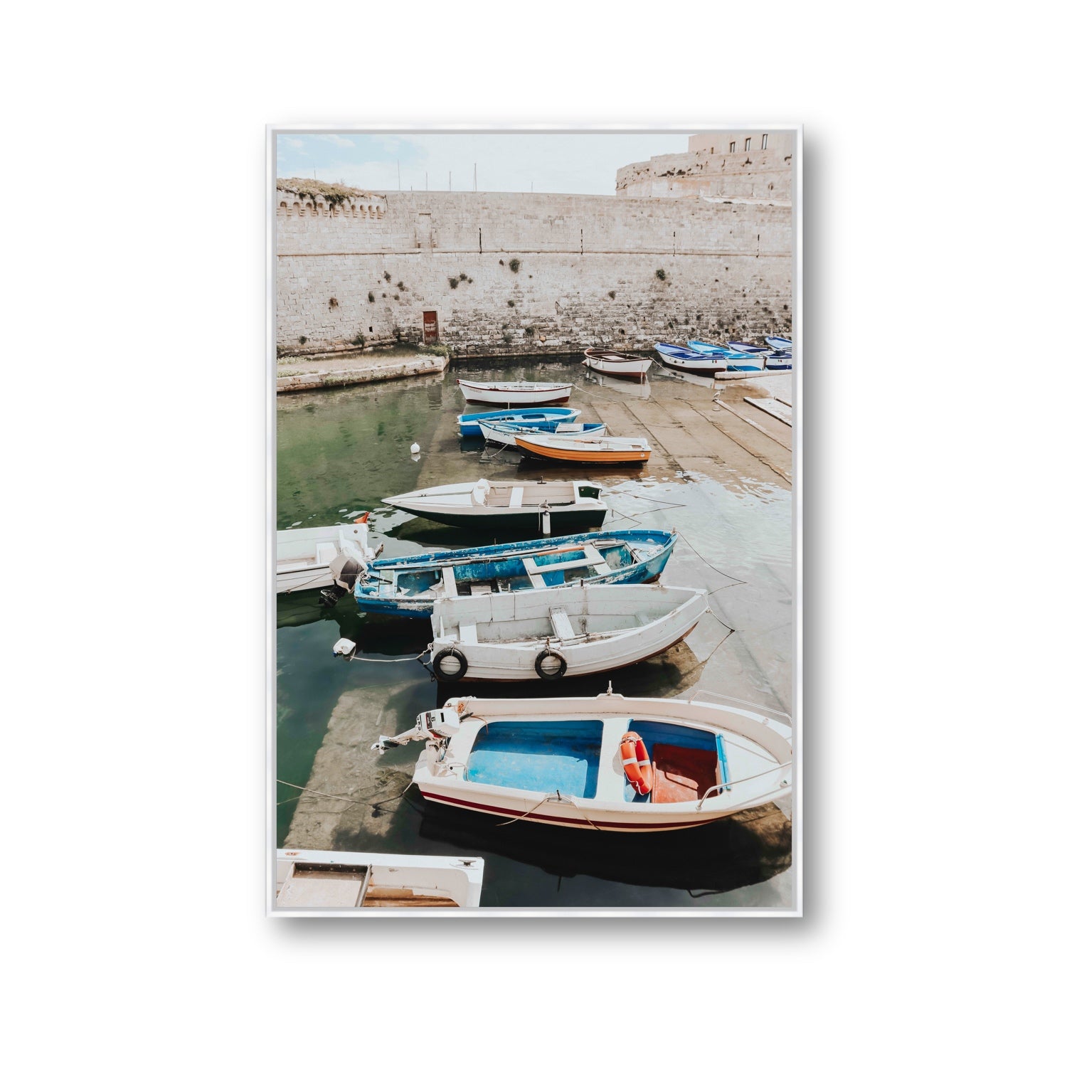 Harbour Palette Puglia coastal photography wall art Gallery fine art canvas in white float frame