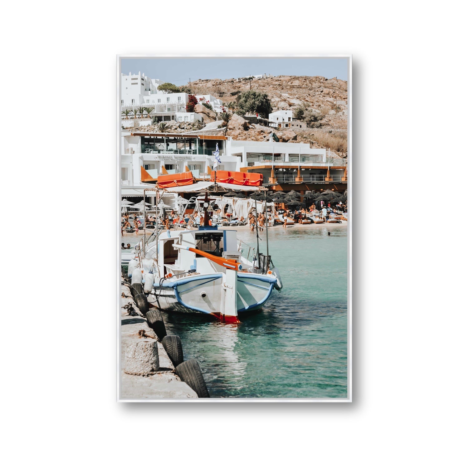 Travel In Style Mykonos Greek island wall art Gallery fine art canvas in white float frame