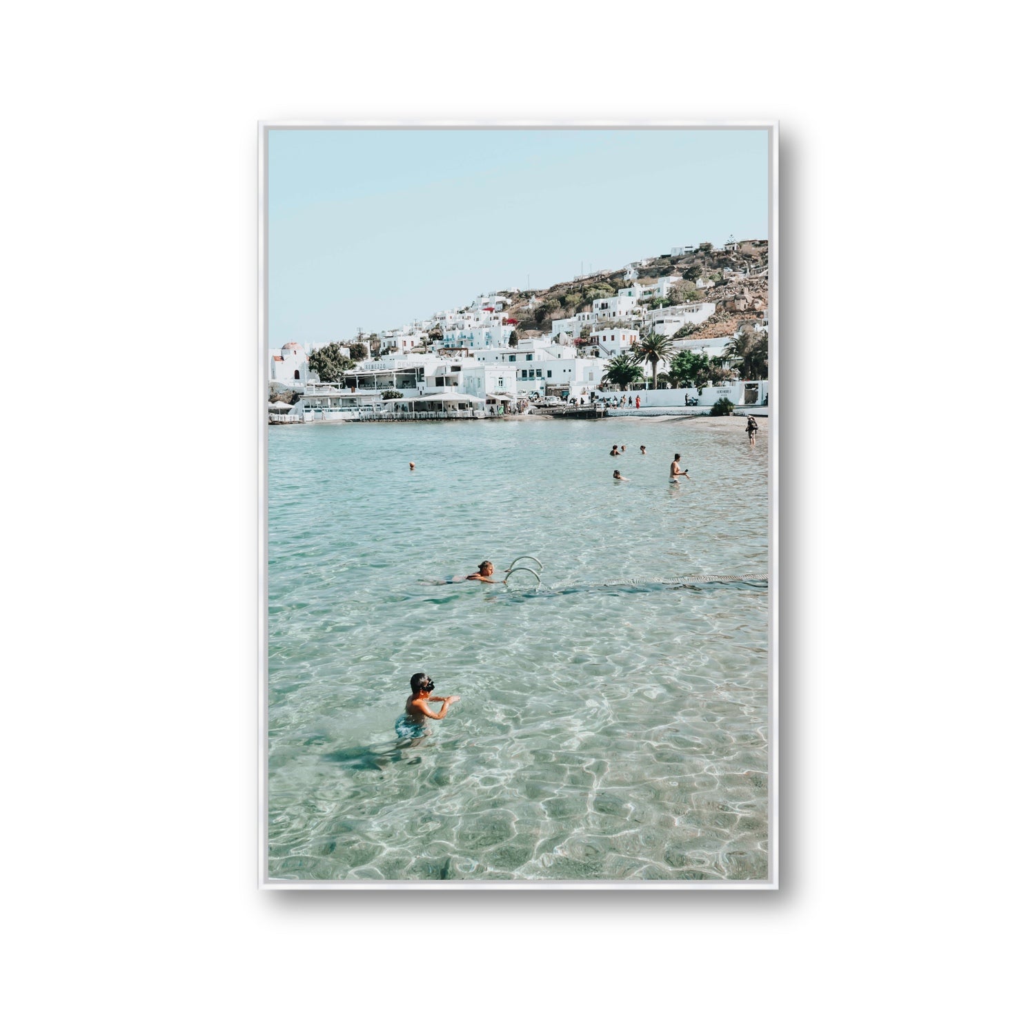 Beside The Seaside Mykonos beach Greek island wall art Gallery fine art canvas in white float frame