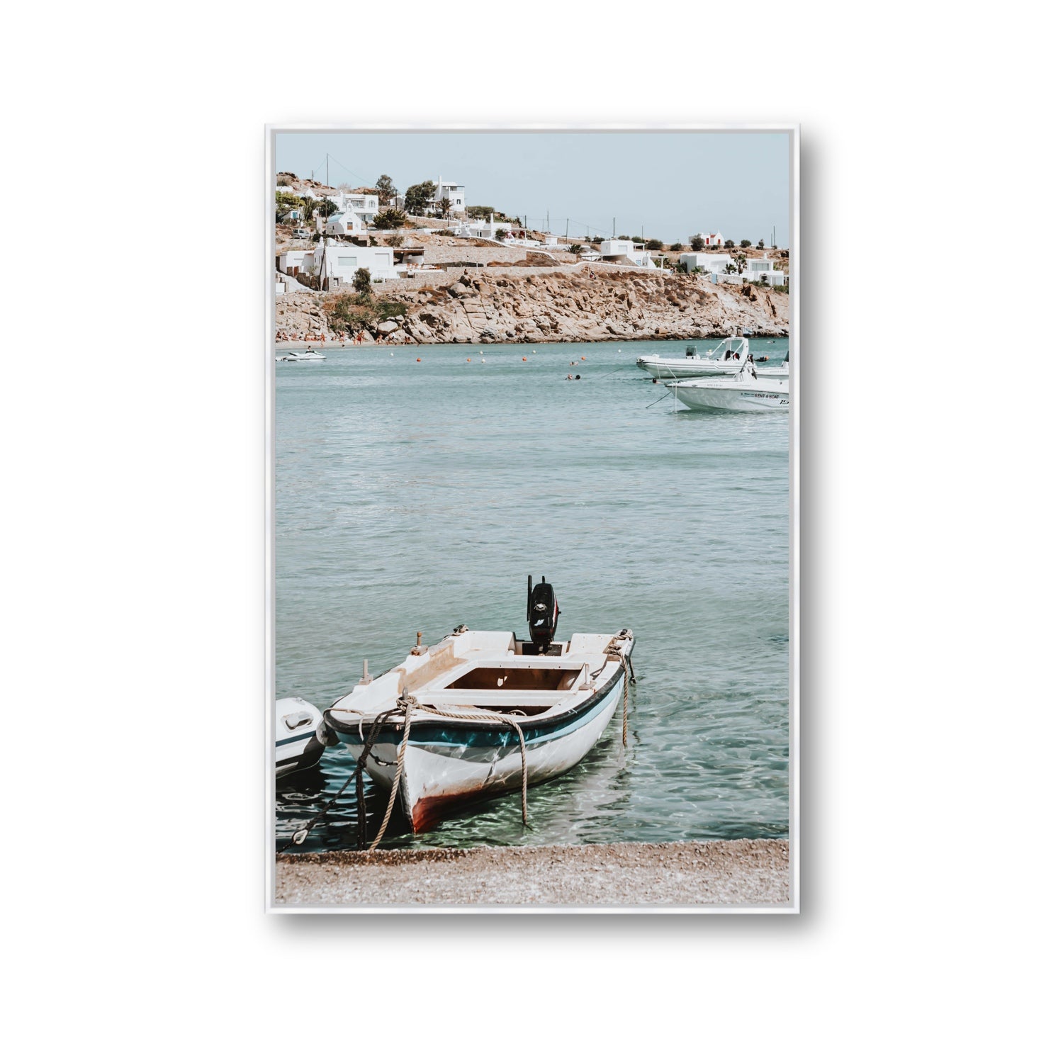 Classic Wheels Mykonos Greek island wall art Gallery fine art canvas in white float frame