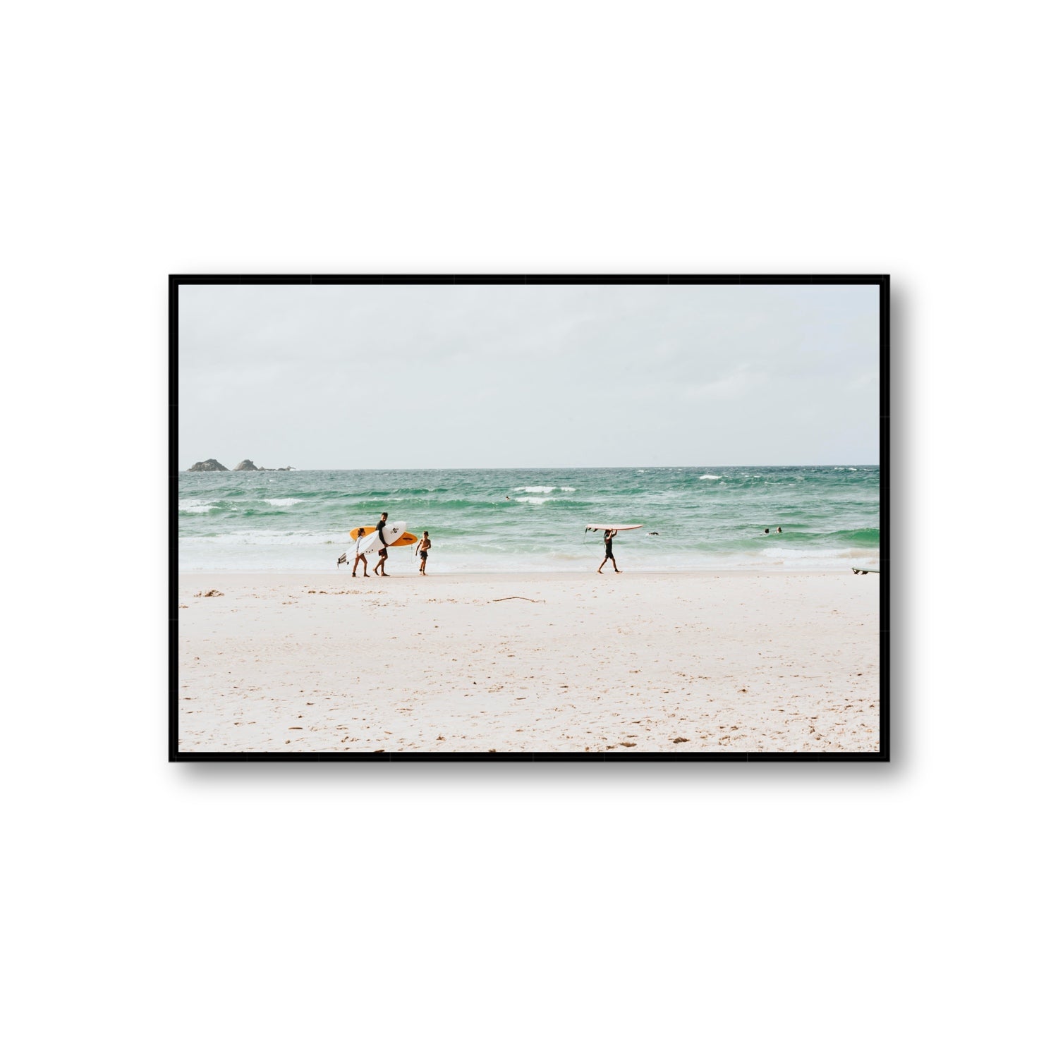 La Famiglia Byron Bay Family Surf coastal wall art Giant fine art canvas in black float frame