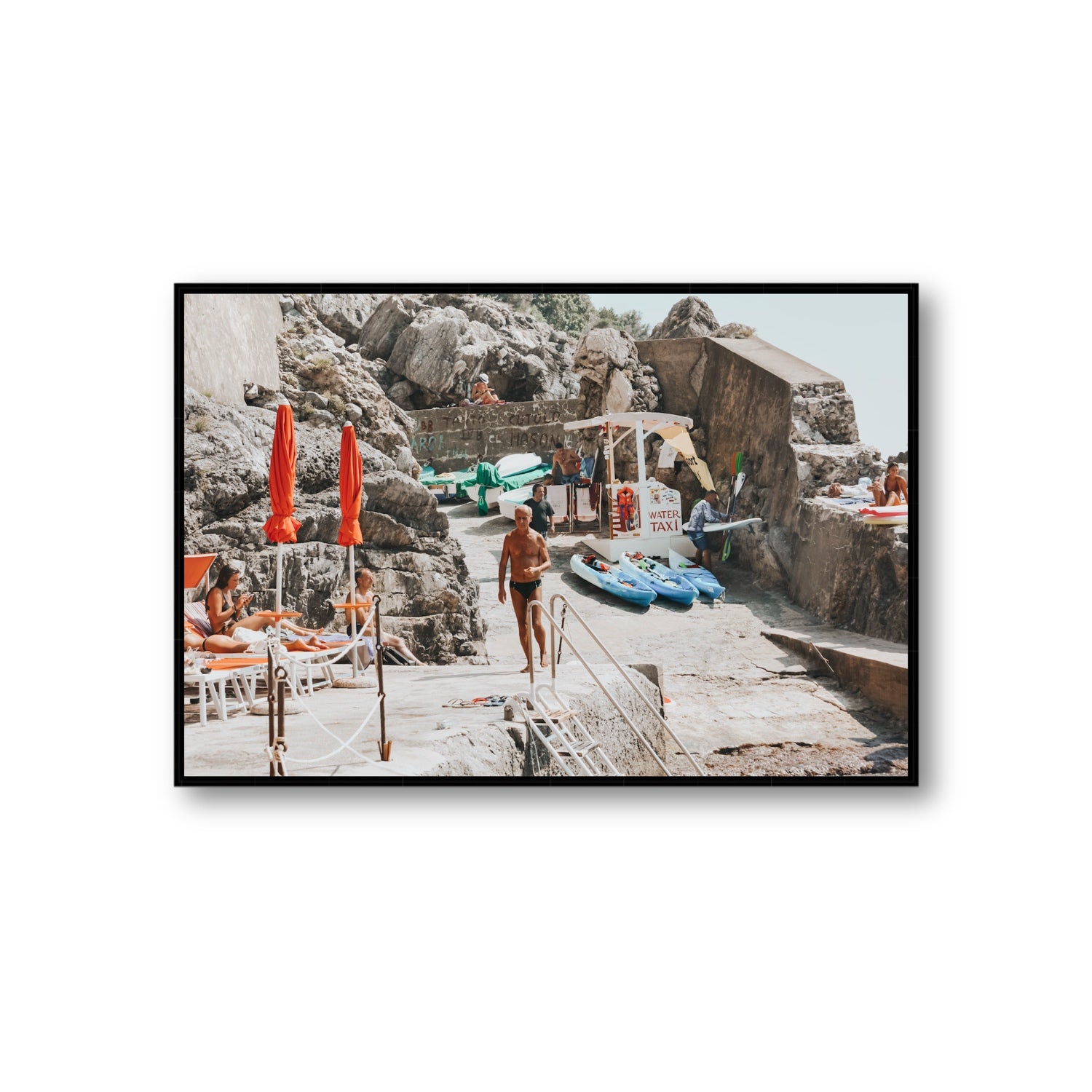 The Local Praiano Amalfi Coast Mediterranean wall art Giant fine art canvas in black float frame