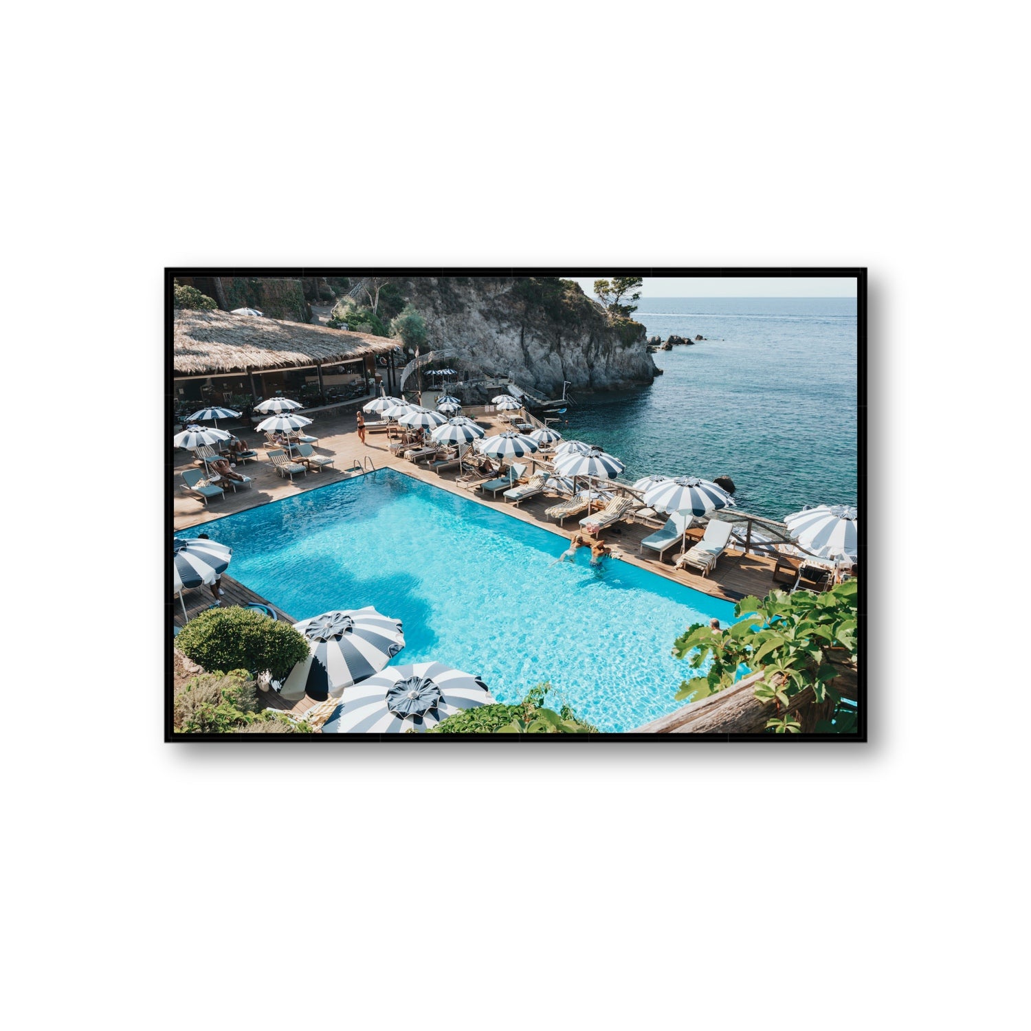 Oceanview Ischia Italian coastal wall art Giant fine art canvas in black float frame
