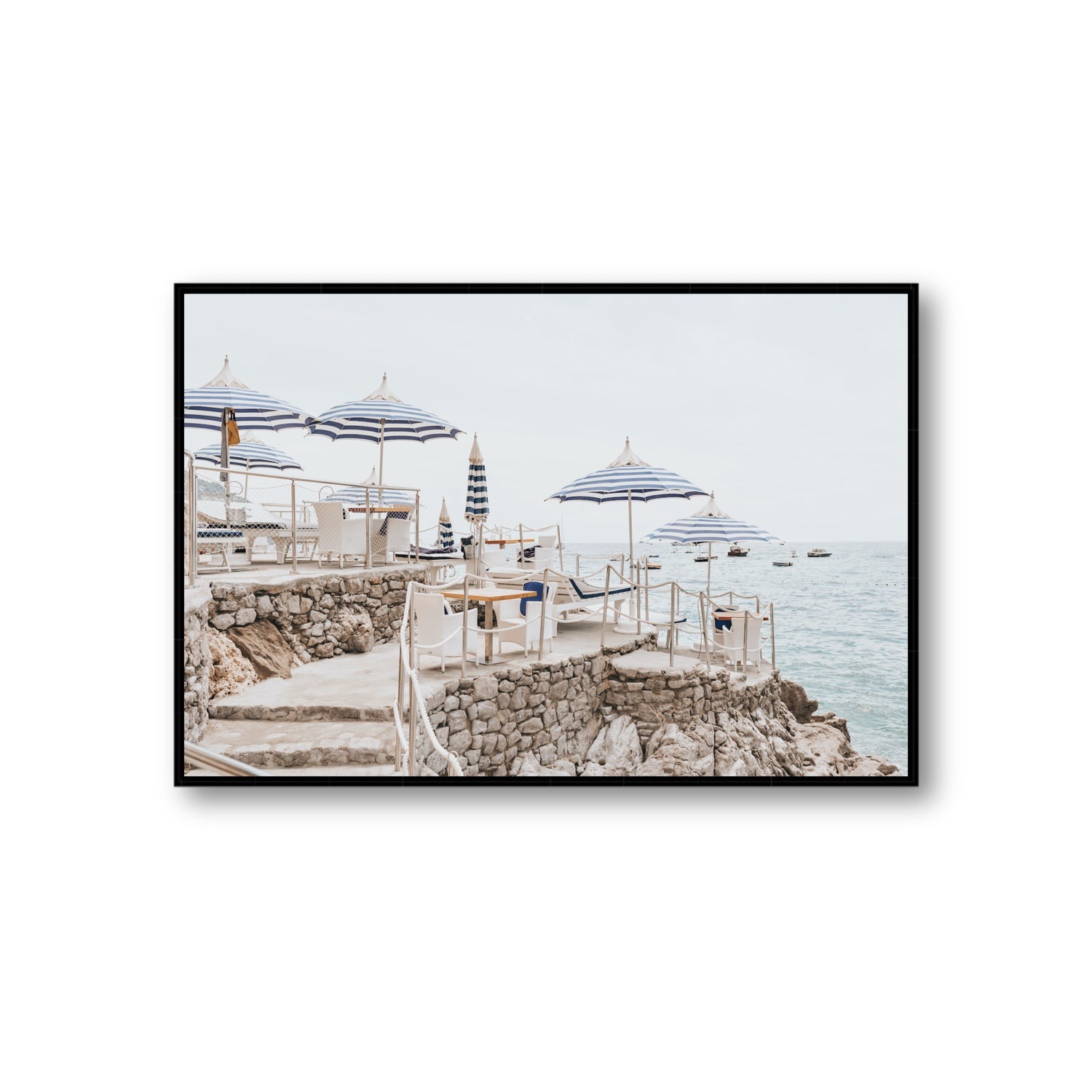 Ombrelloni fine art print, Positano, Italy, Giant, Black Float Frame, Fine Art Canvas