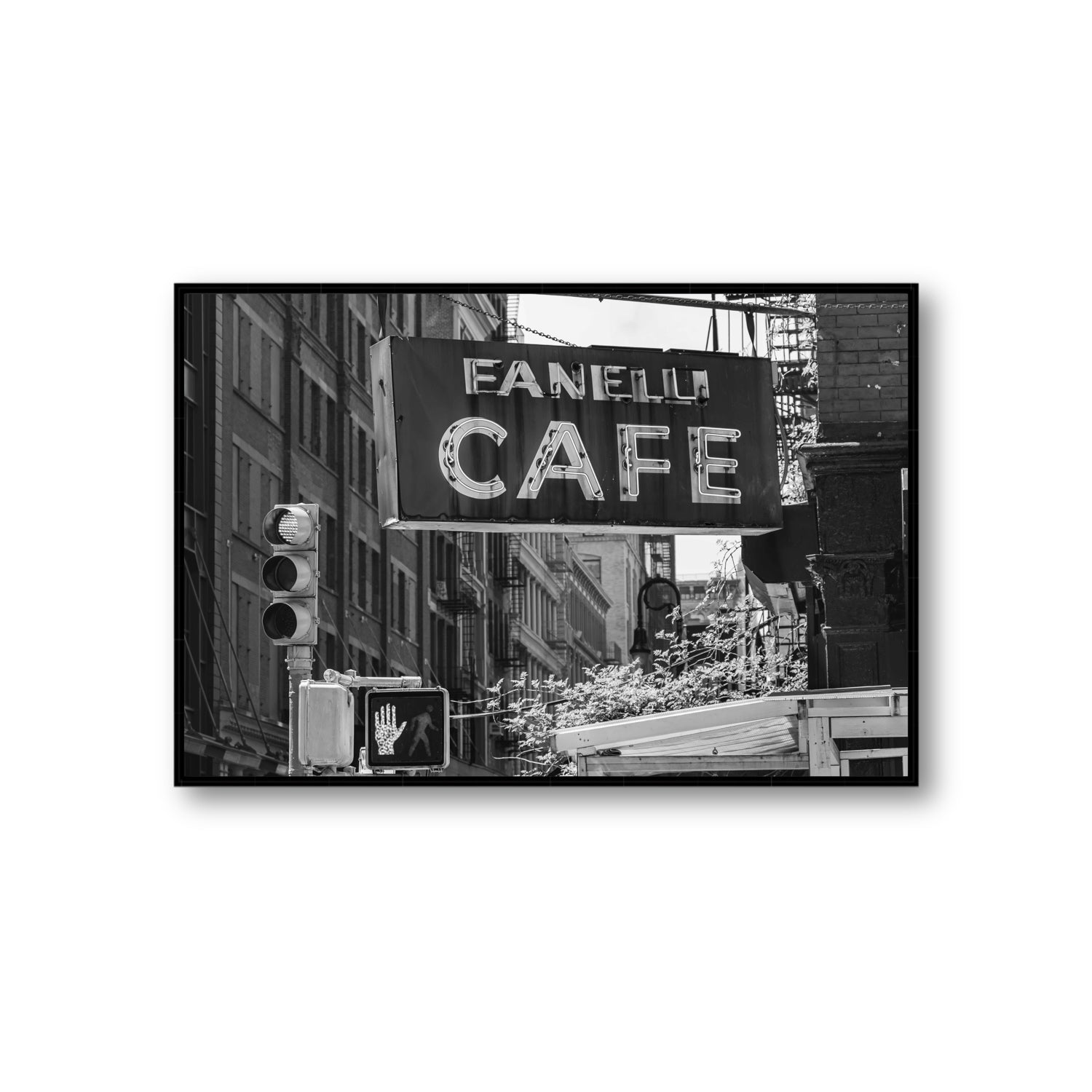 Soho Neon New York NYC Black & White wall art Giant fine art canvas in black float frame