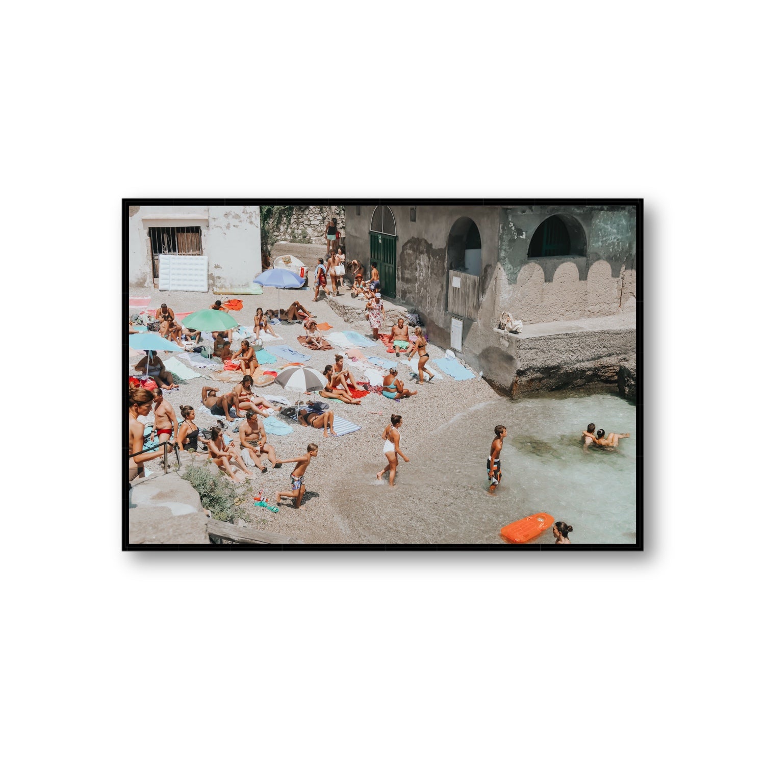 Heatwave Capri beach coastal wall art Giant fine art canvas in black float frame