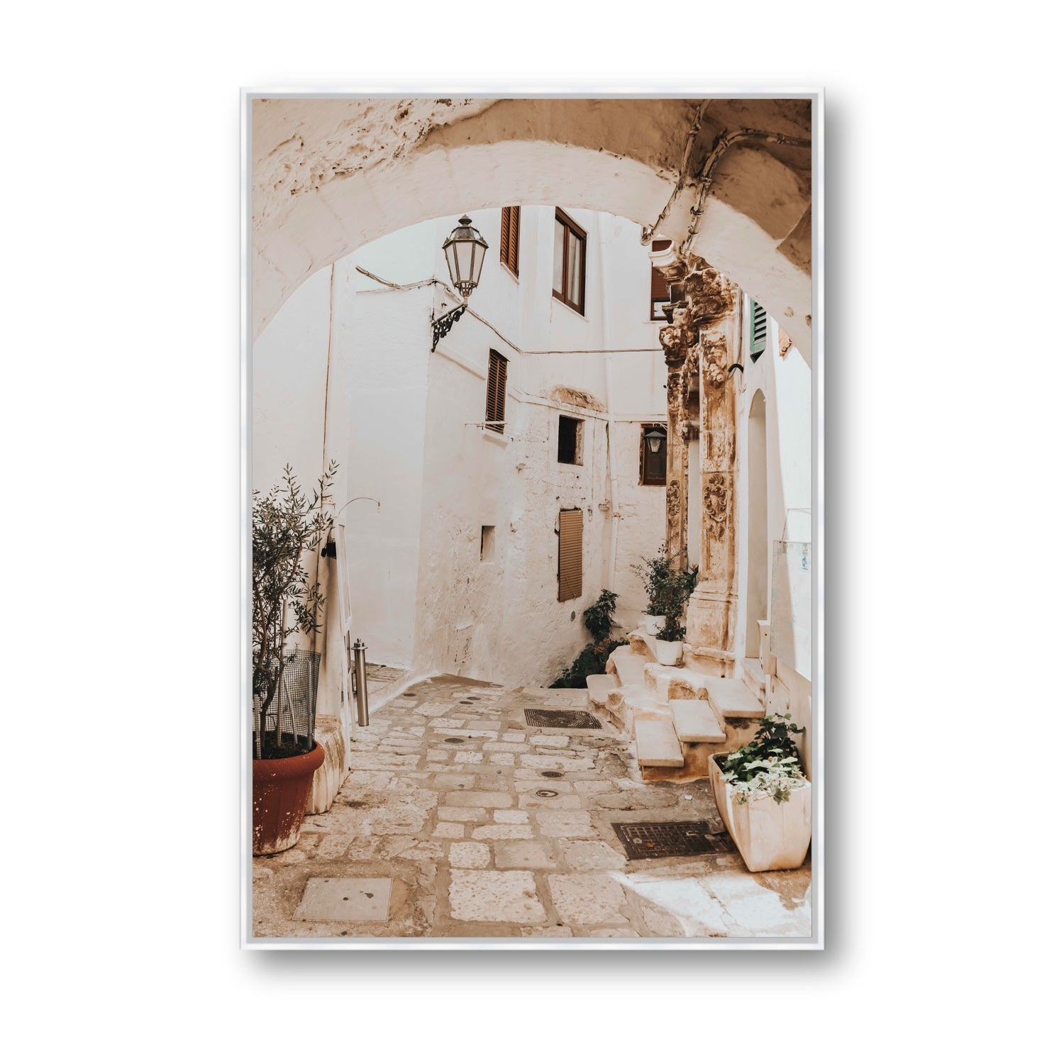 Pathway Wander Puglia Ostuni wall art Statement fine art canvas in white float frame
