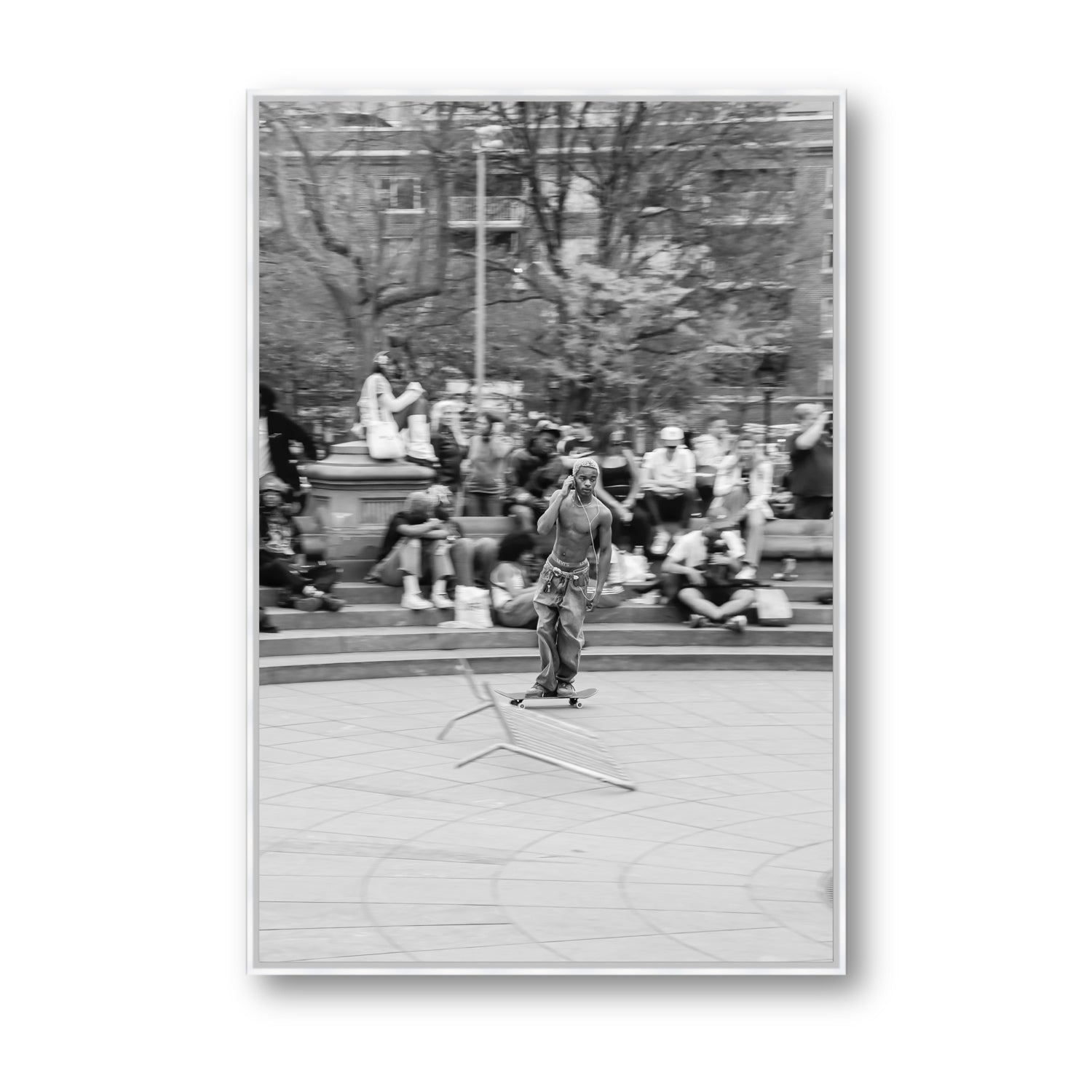 Skate Park Serenade New York NYC Black & White wall art Statement fine art canvas in white float frame