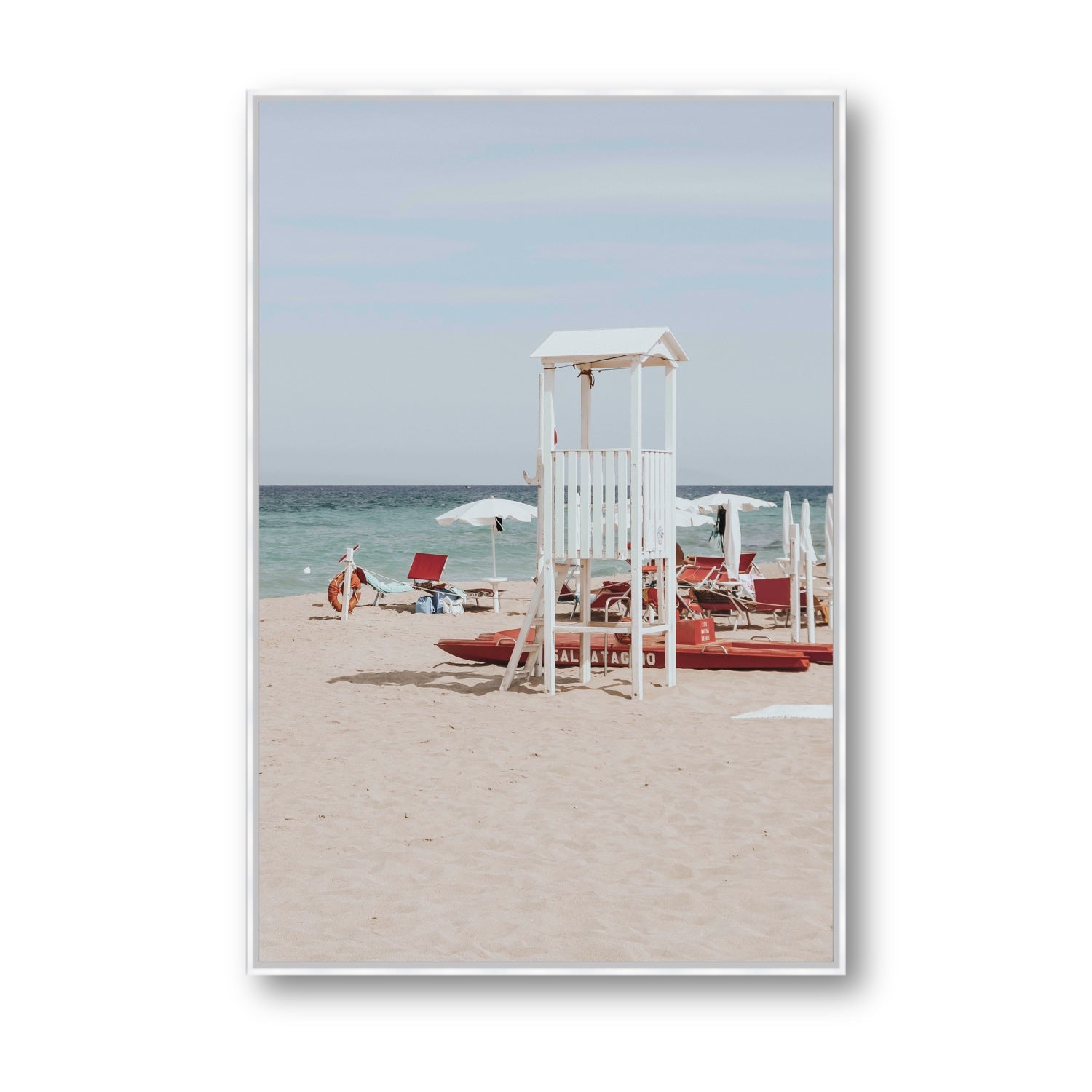 Barefoot Bliss Puglia beach Italian coastal decor wall art Statement fine art canvas in white float frame