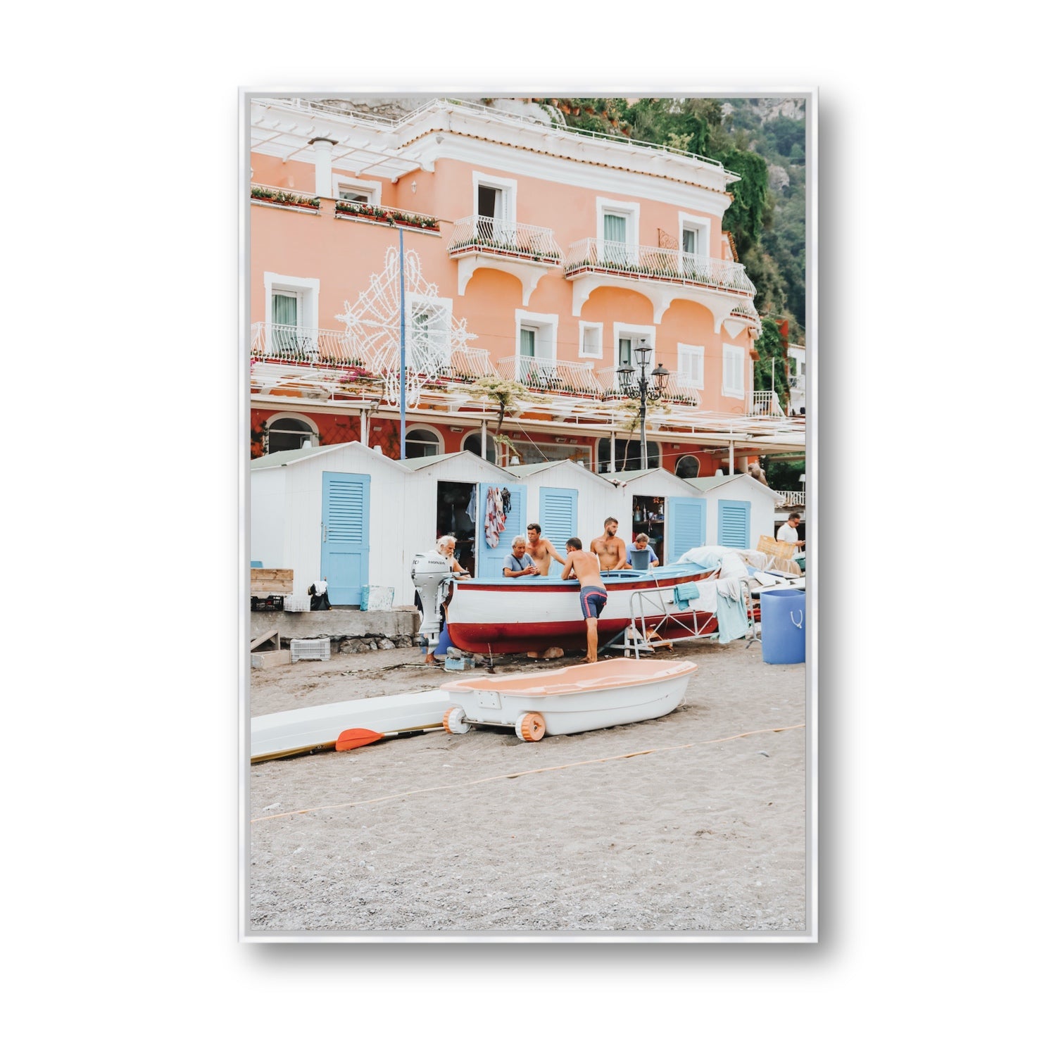 La Riunione della Mattina fine art print, Positano, Italy, Statement, White Float Frame, Fine Art Canvas
