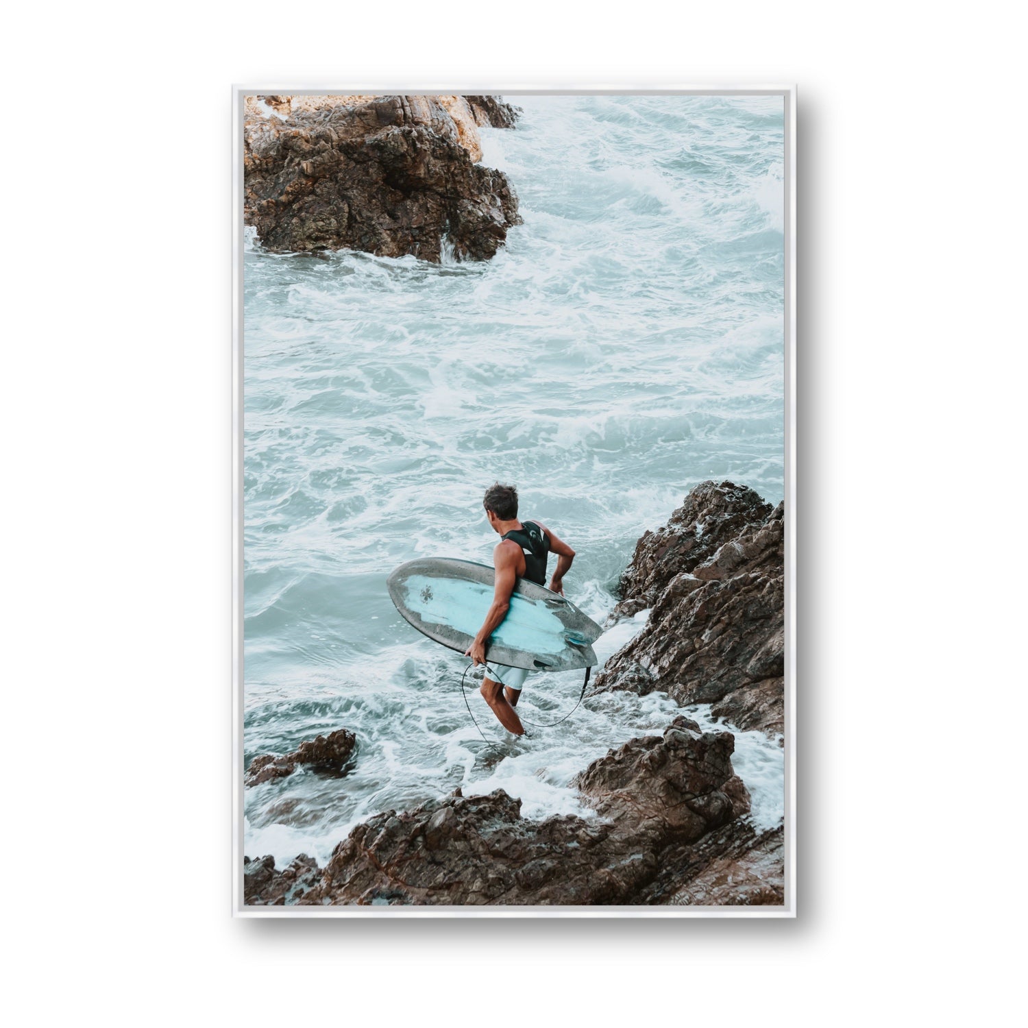 Into The Soup Byron Bay Surf coastal wall art Statement fine art canvas in white float frame