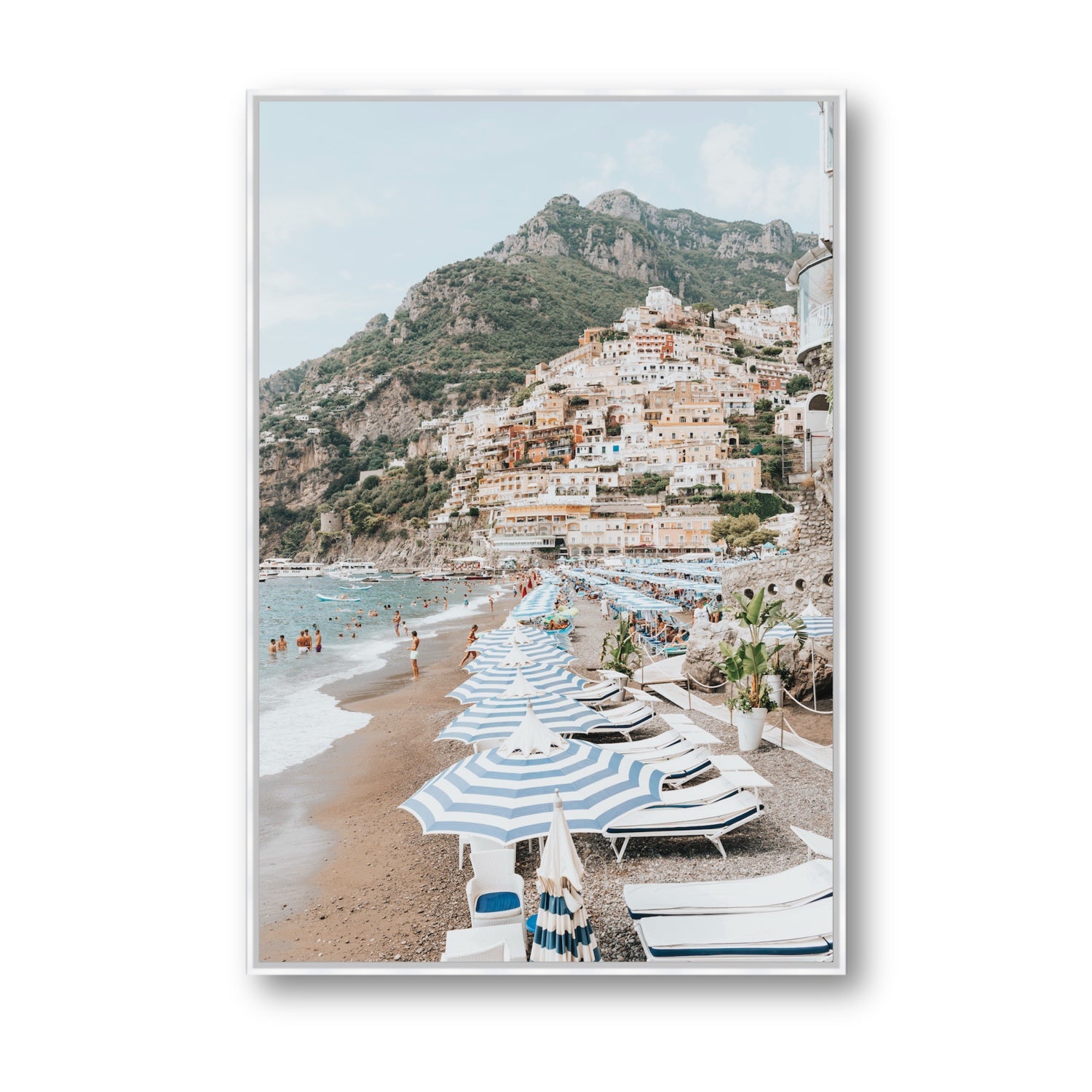 The Cliffside Village fine art print, Positano, Italy, Statement, White Float Frame, Fine Art Canvas