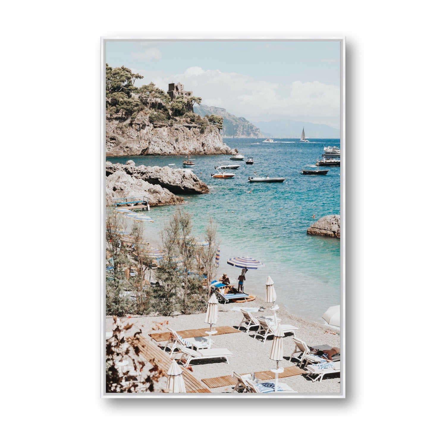 Sizzling Summer Days Amalfi coastal wall art Statement fine art canvas in white float frame