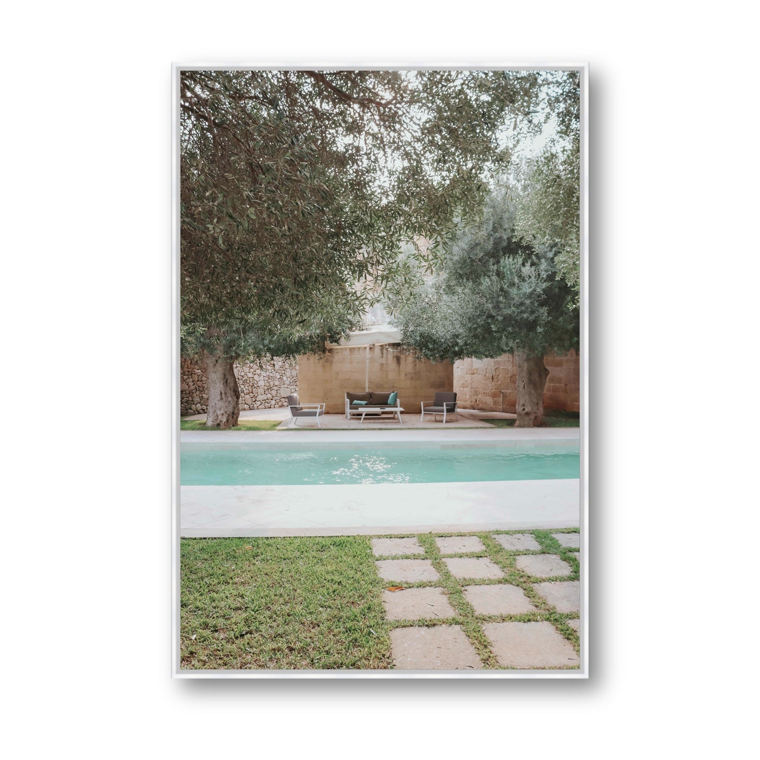 Idyllic Escape Puglia Mediterranean wall art Statement fine art canvas in white float frame