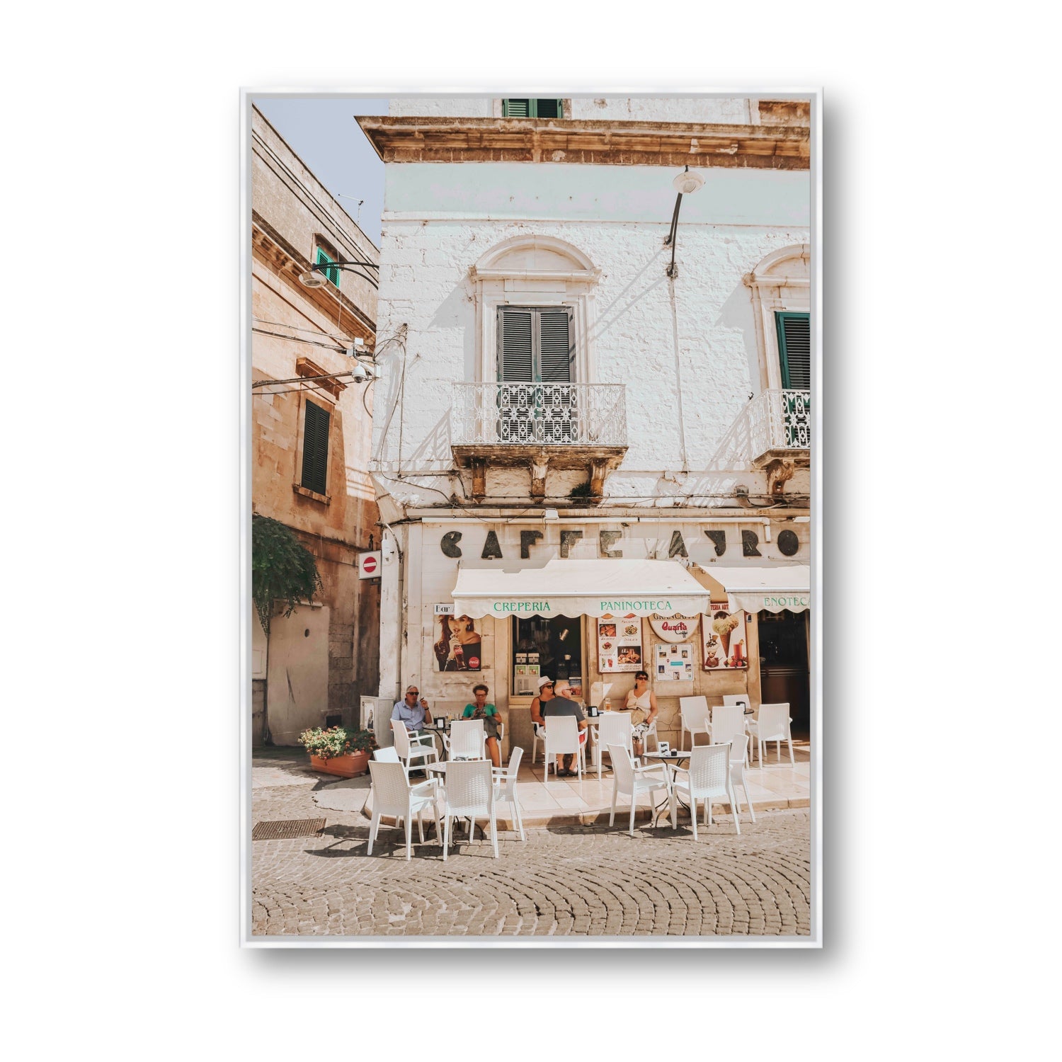 Cafe Ostuni Puglia Café Ostuni Italian wall art Statement fine art canvas in white float frame