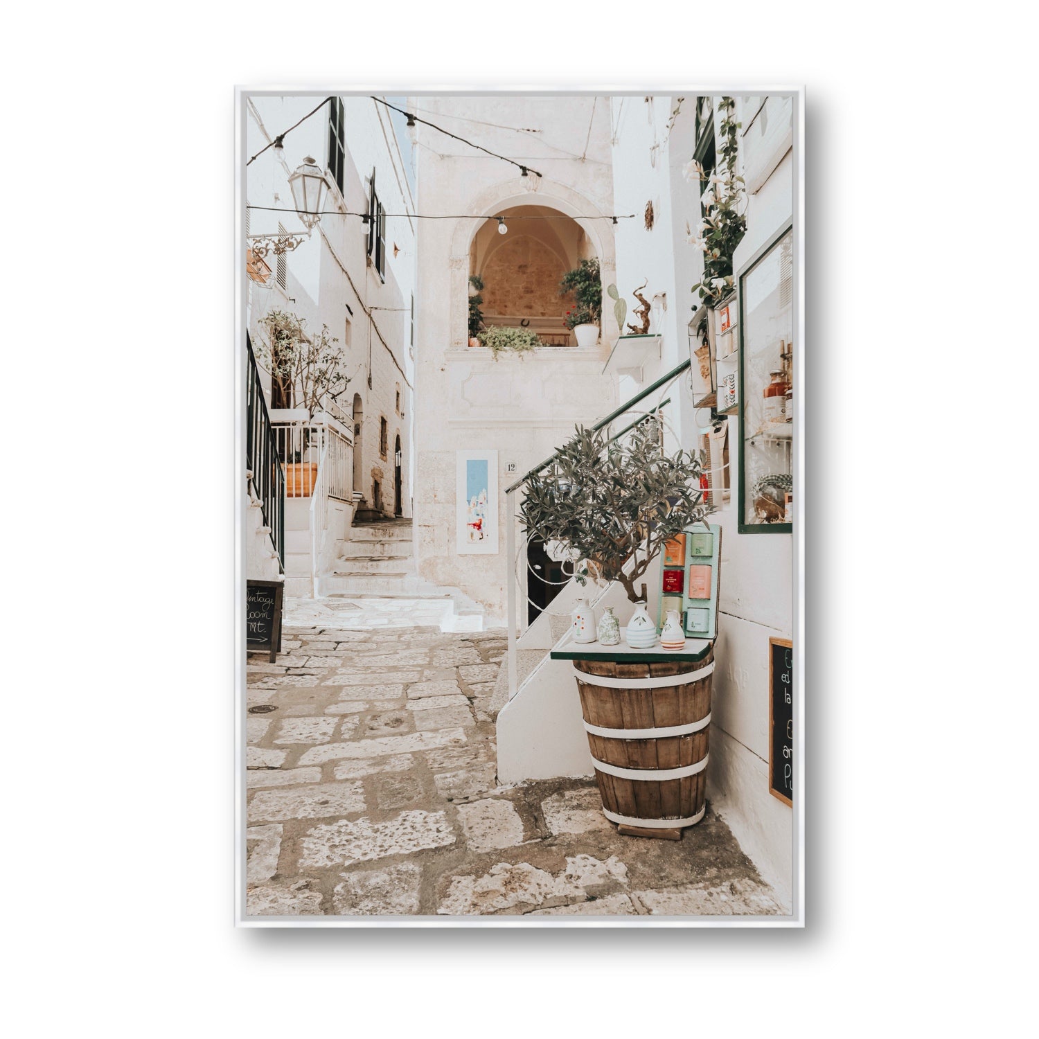 Olive Tree Lane Puglia Ostuni Mediterranean decor wall art Statement fine art canvas in white float frame