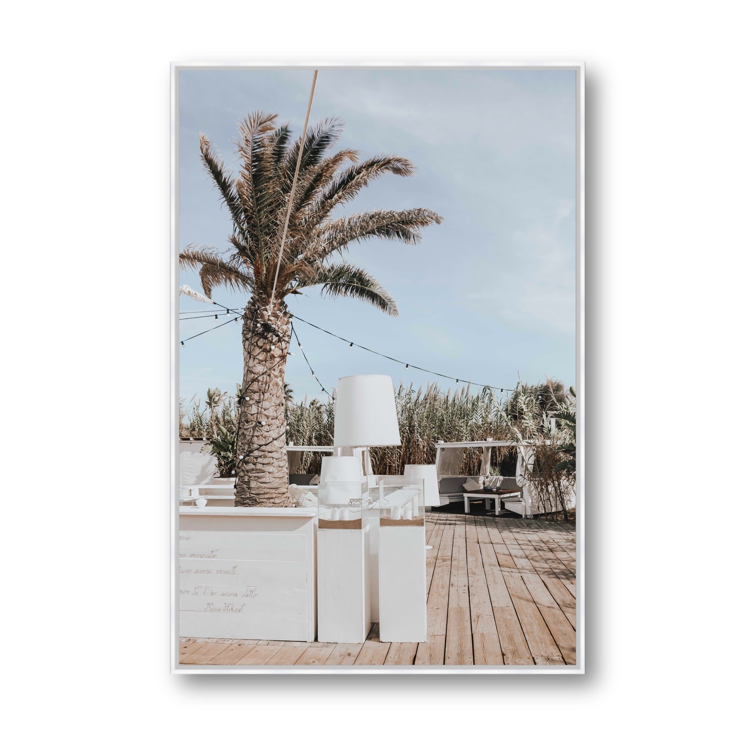 Seabreeze Palm Puglia coastal beach wall art Statement fine art canvas in white float frame