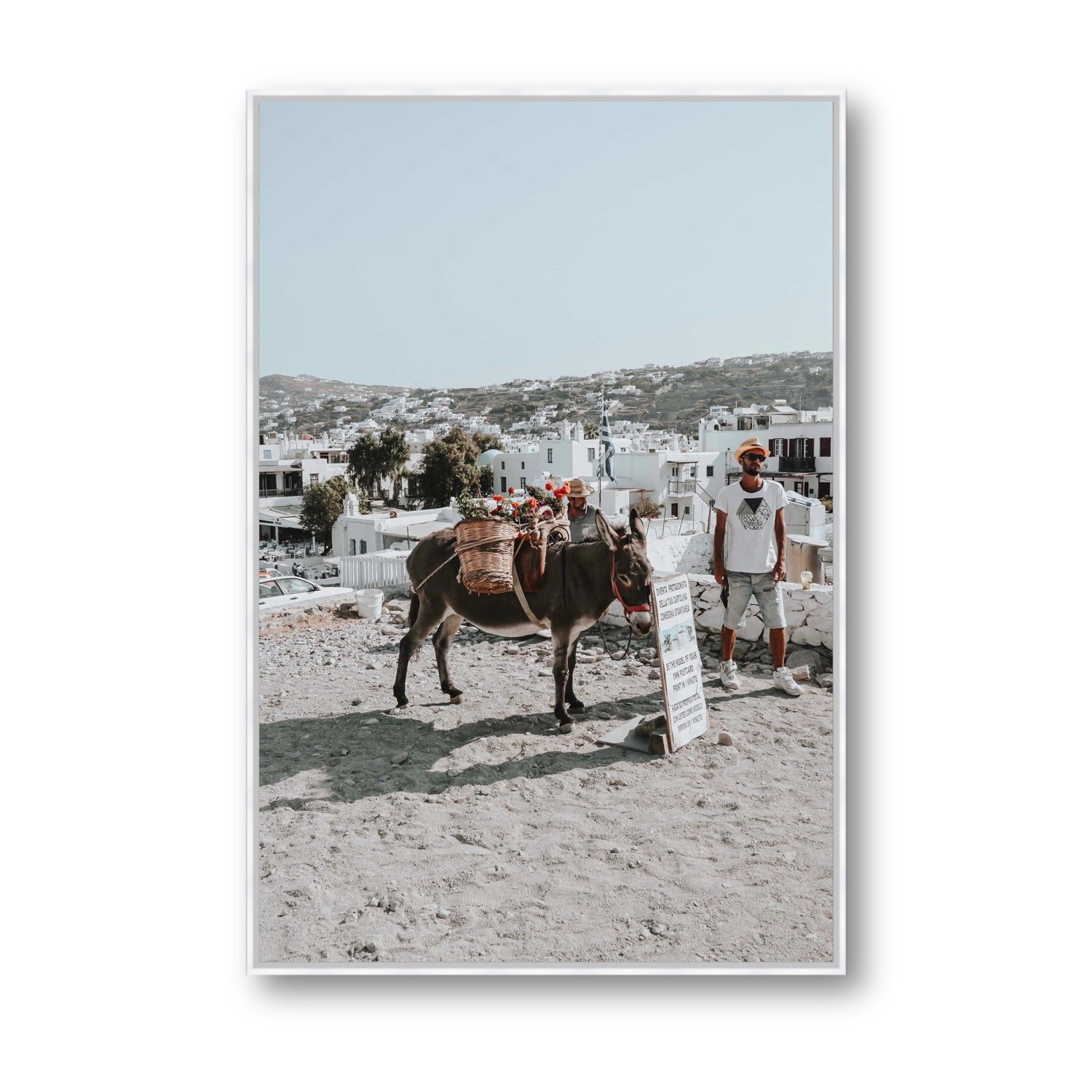 Let The Journey Begin Mykonos Greek island wall art Statement fine art canvas in white float frame