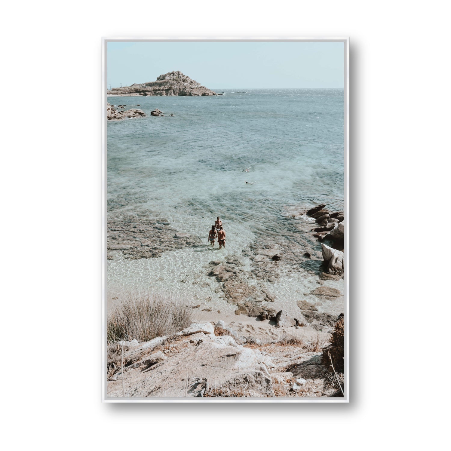 Island Life Mykonos coastal Greek island wall art Statement fine art canvas in white float frame