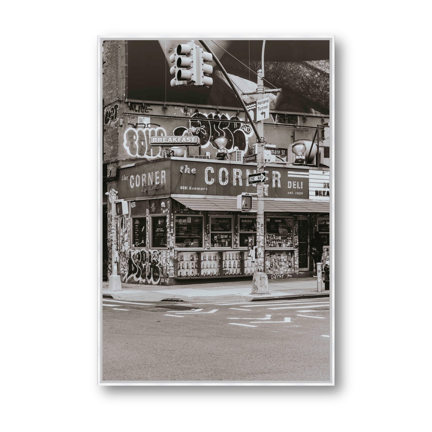 Soho Deli New York NYC Black & White wall art Statement fine art canvas in white float frame