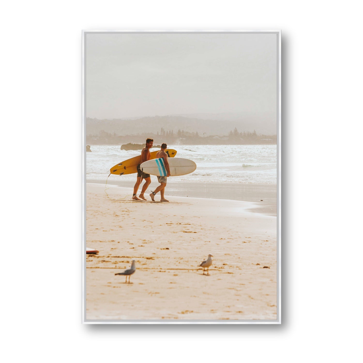 Shane & Benji Byron Bay Surf coastal wall art Statement fine art canvas in white float frame