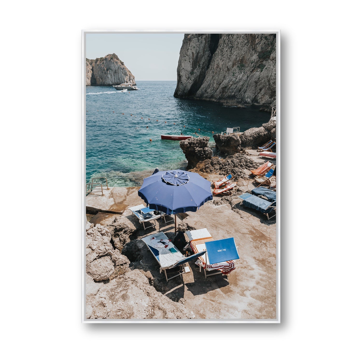 Lonely Loungers fine art print, Capri, Italy, Statement, White Float Frame, Fine Art Canvas
