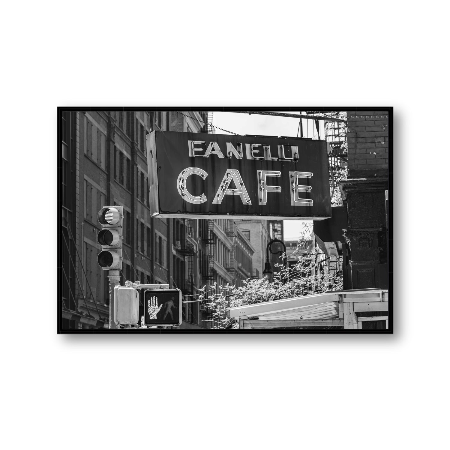 Soho Neon New York NYC Black & White wall art Gallery fine art canvas in black float frame
