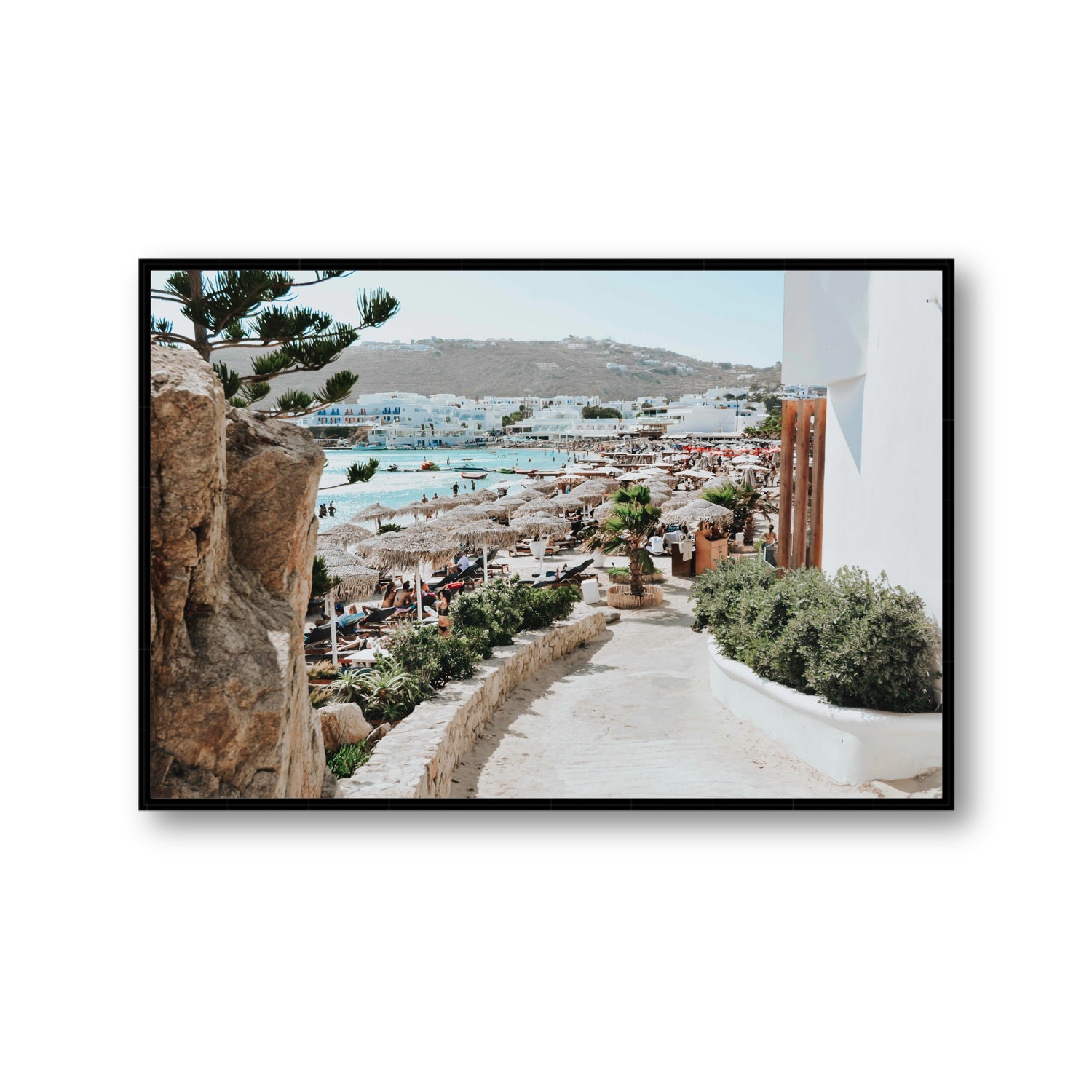Kalimera Mykonos Greek island wall art Gallery fine art canvas in black float frame