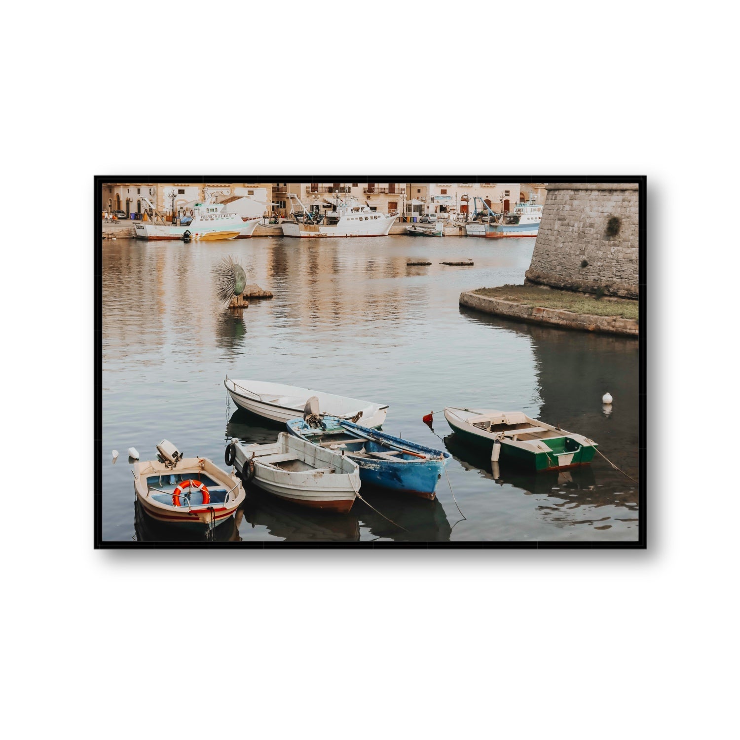 Cinque Barche Puglia Gallipoli Italian art print Gallery fine art canvas in black float frame