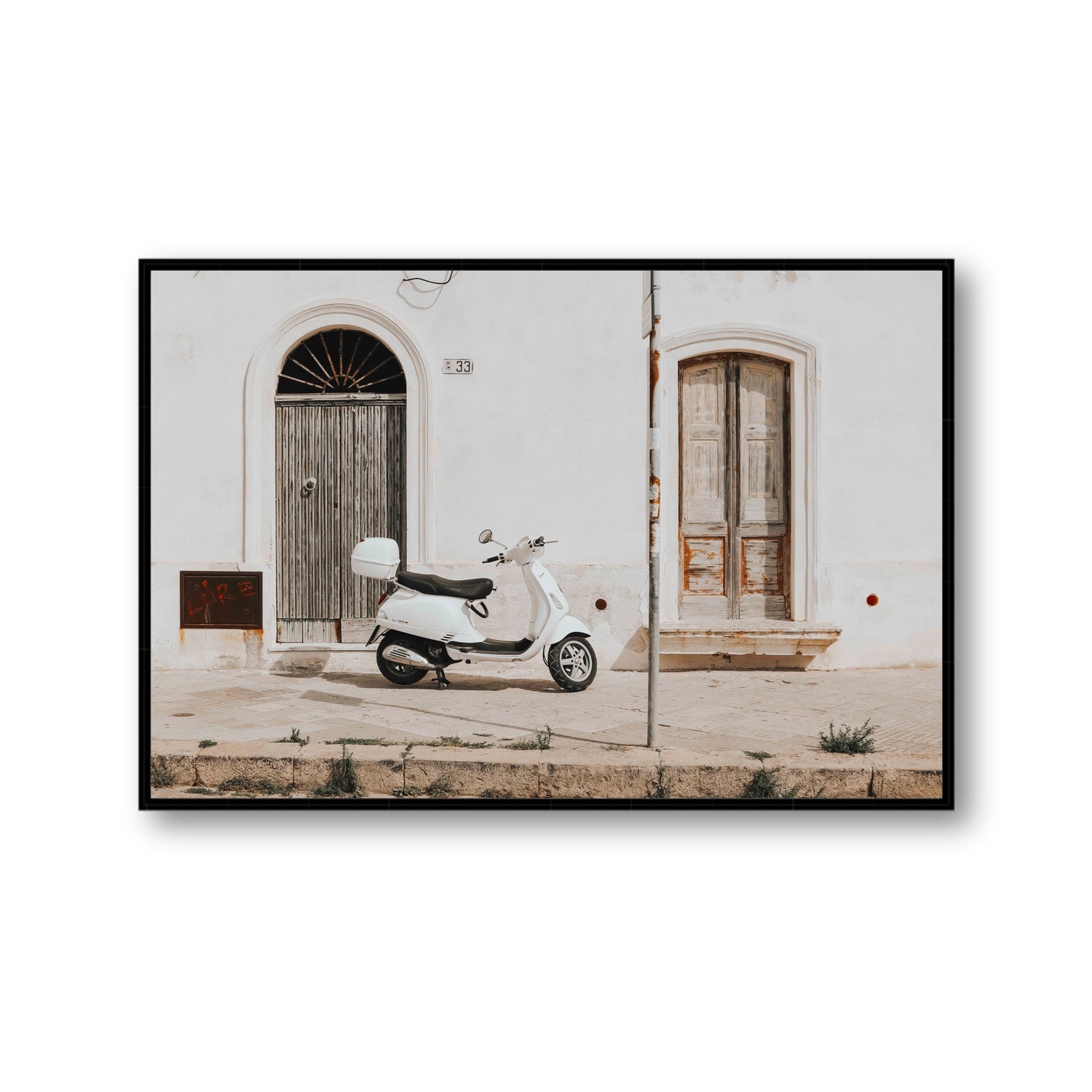 Vespa Nostalgia Puglia Italian wall art Gallery fine art canvas in black float frame