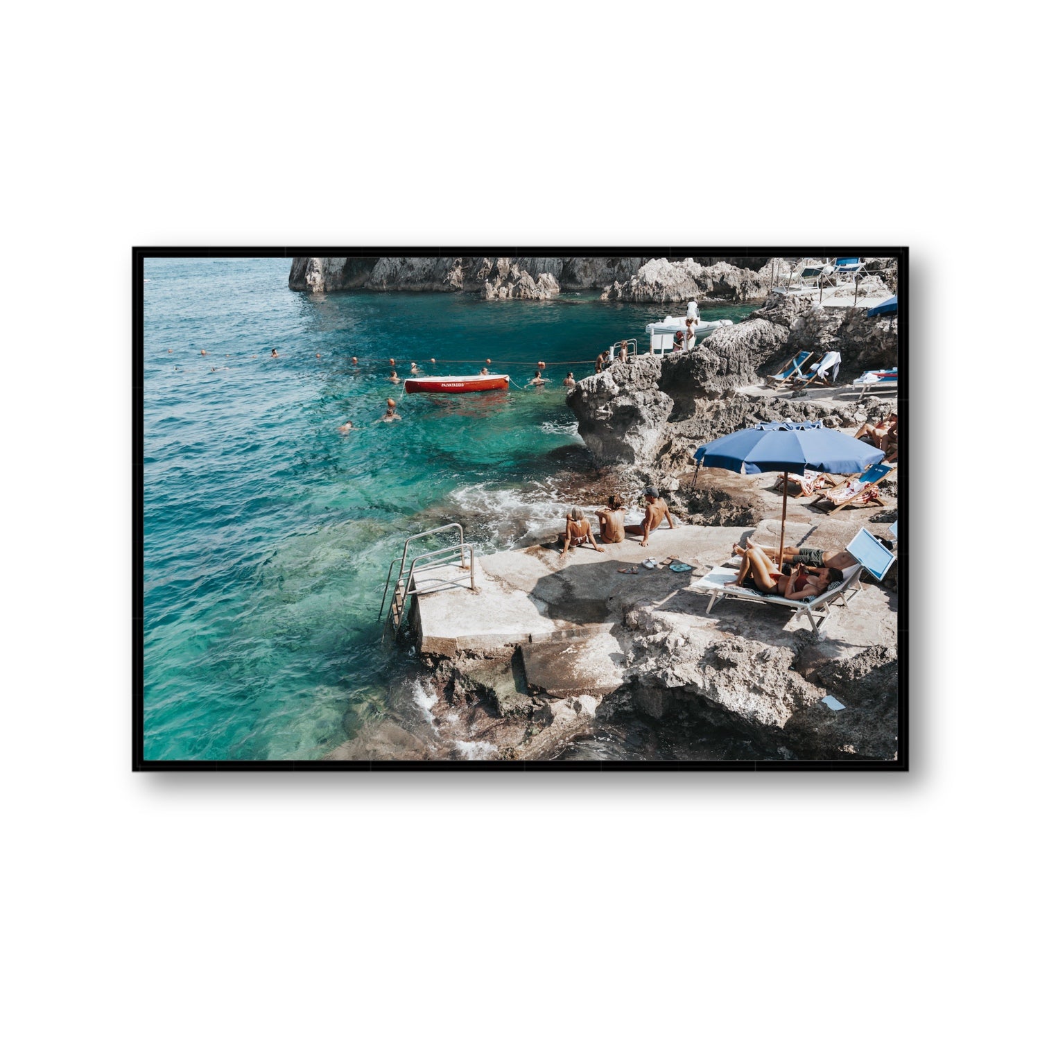 Serenity By The Sea Capri Mediterranean wall art Gallery fine art canvas in black float frame