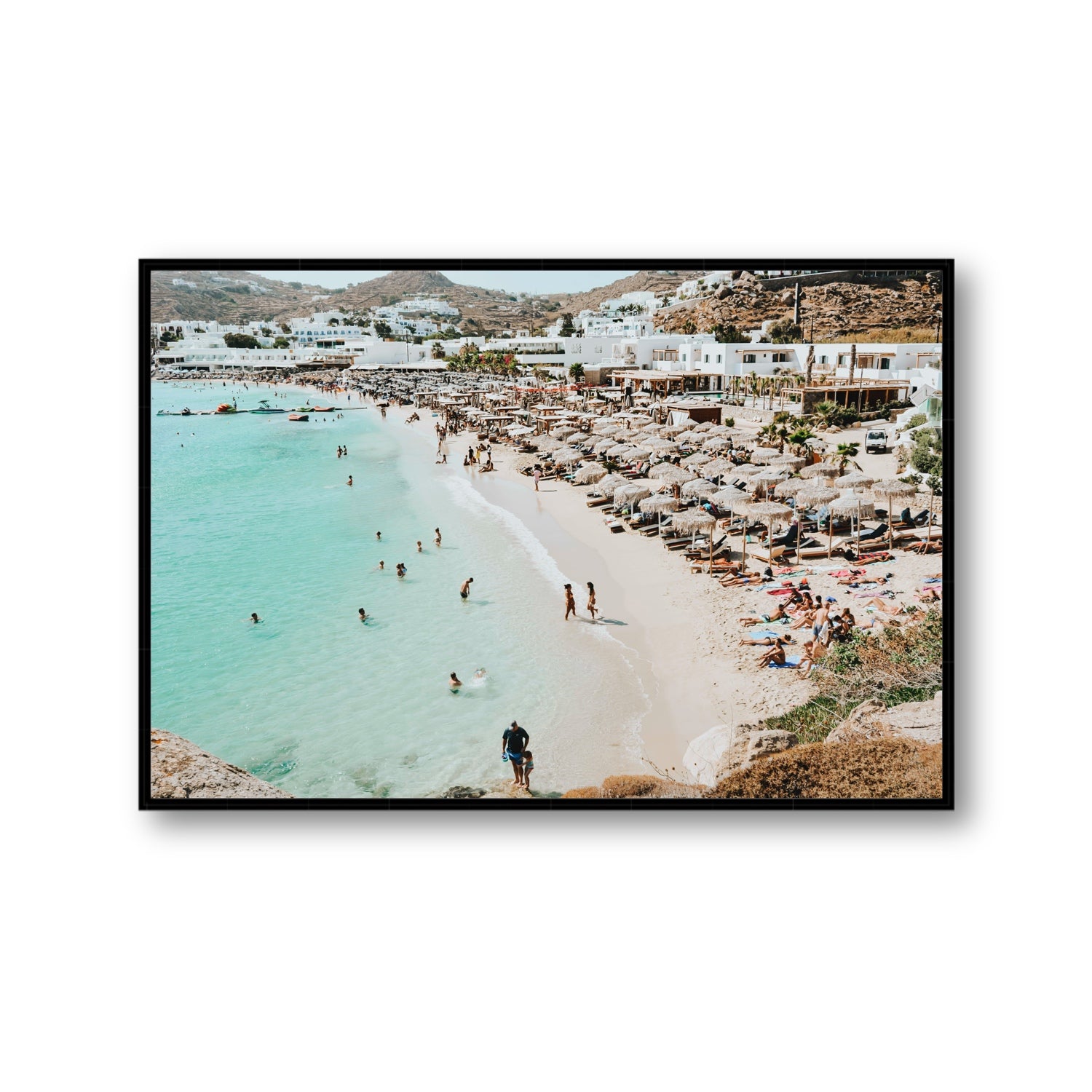 Aquaholic Mykonos Greek island wall art Gallery fine art canvas in black float frame