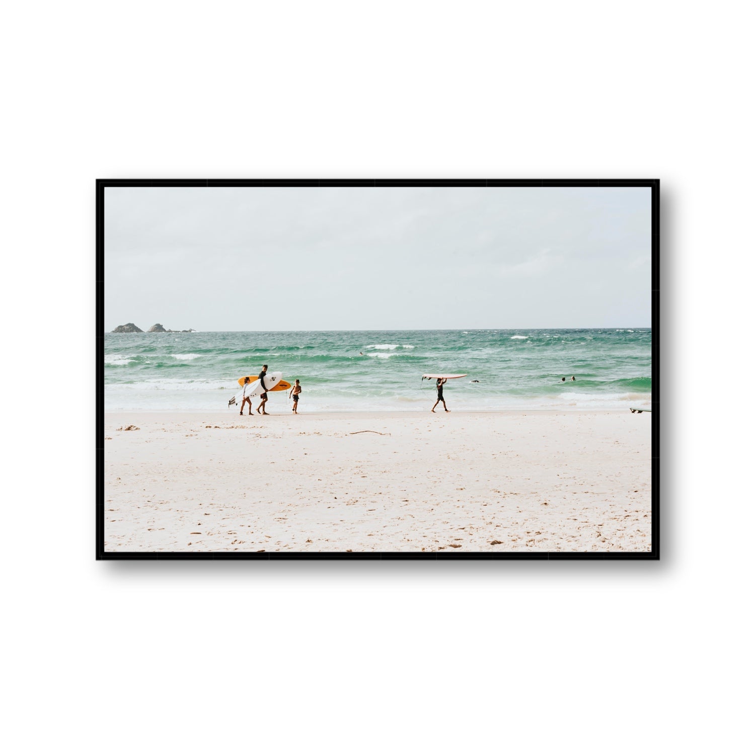 La Famiglia Byron Bay Family Surf coastal wall art Gallery fine art canvas in black float frame