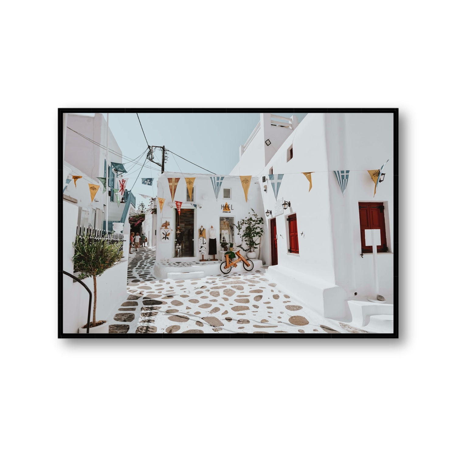 Cruising The Streets Mykonos Greek island wall art Gallery fine art canvas in black float frame