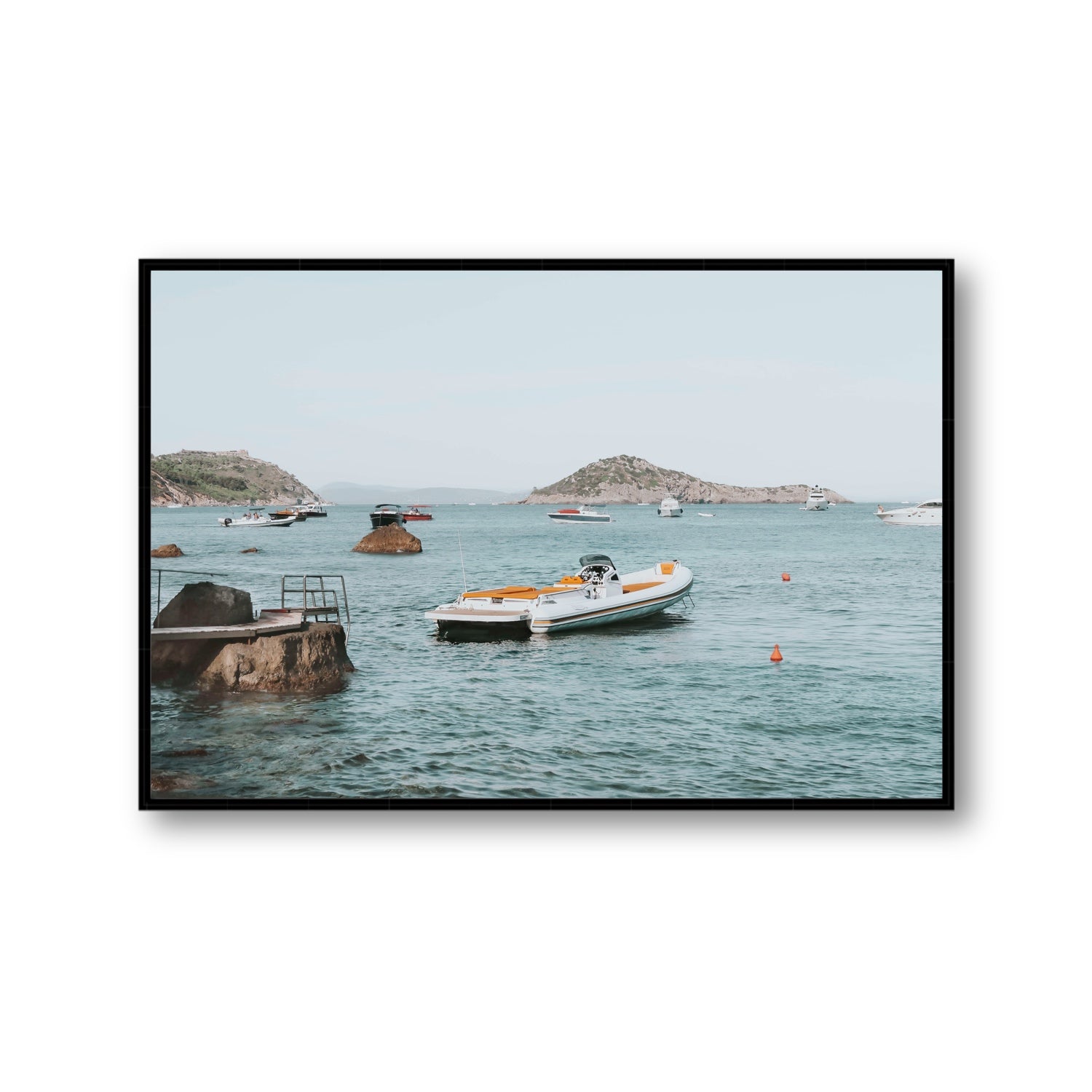 The Azure Sea Tuscany coastal Italian wall art Gallery fine art canvas in black float frame