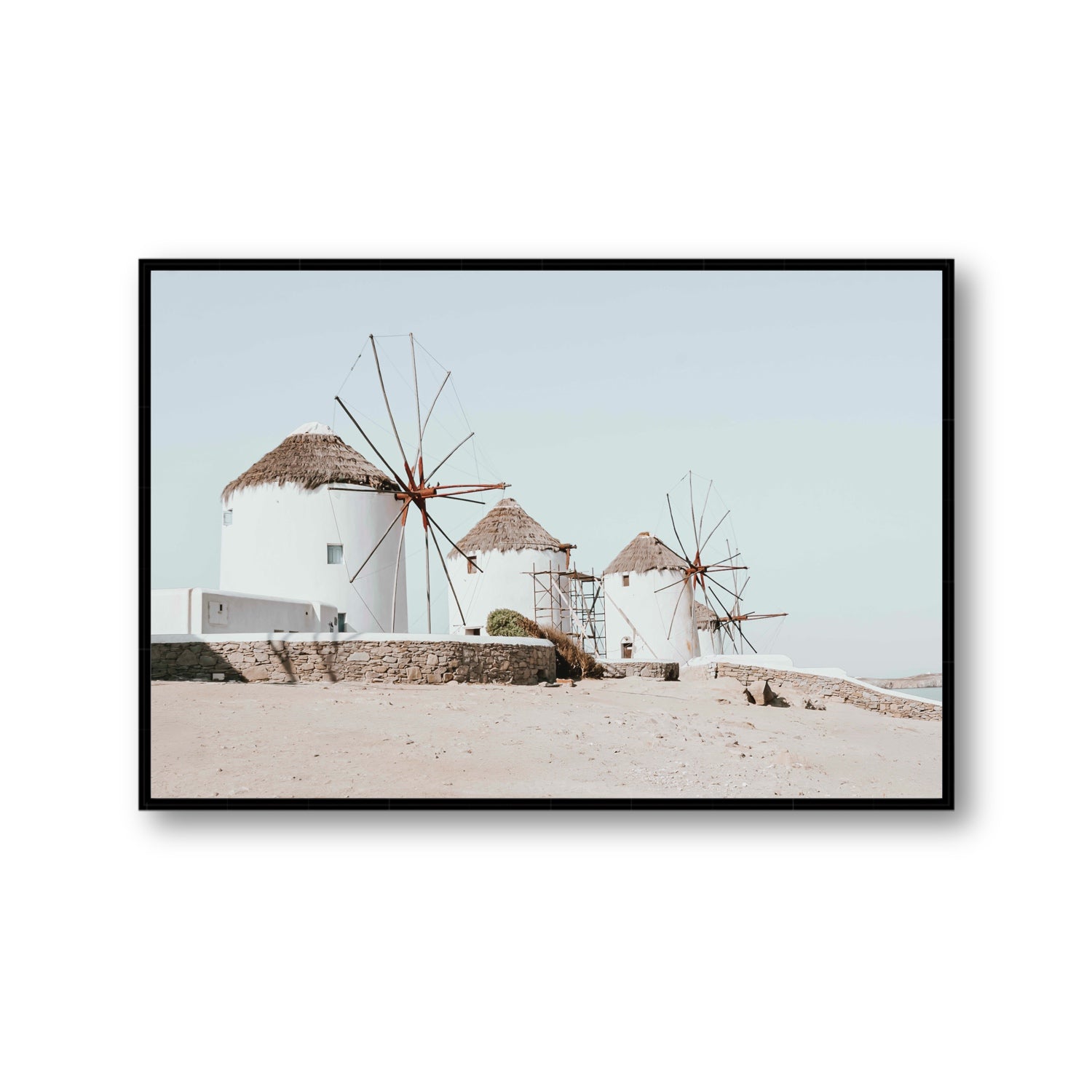 Rustic Icons Mykonos Greek island wall art Gallery fine art canvas in black float frame