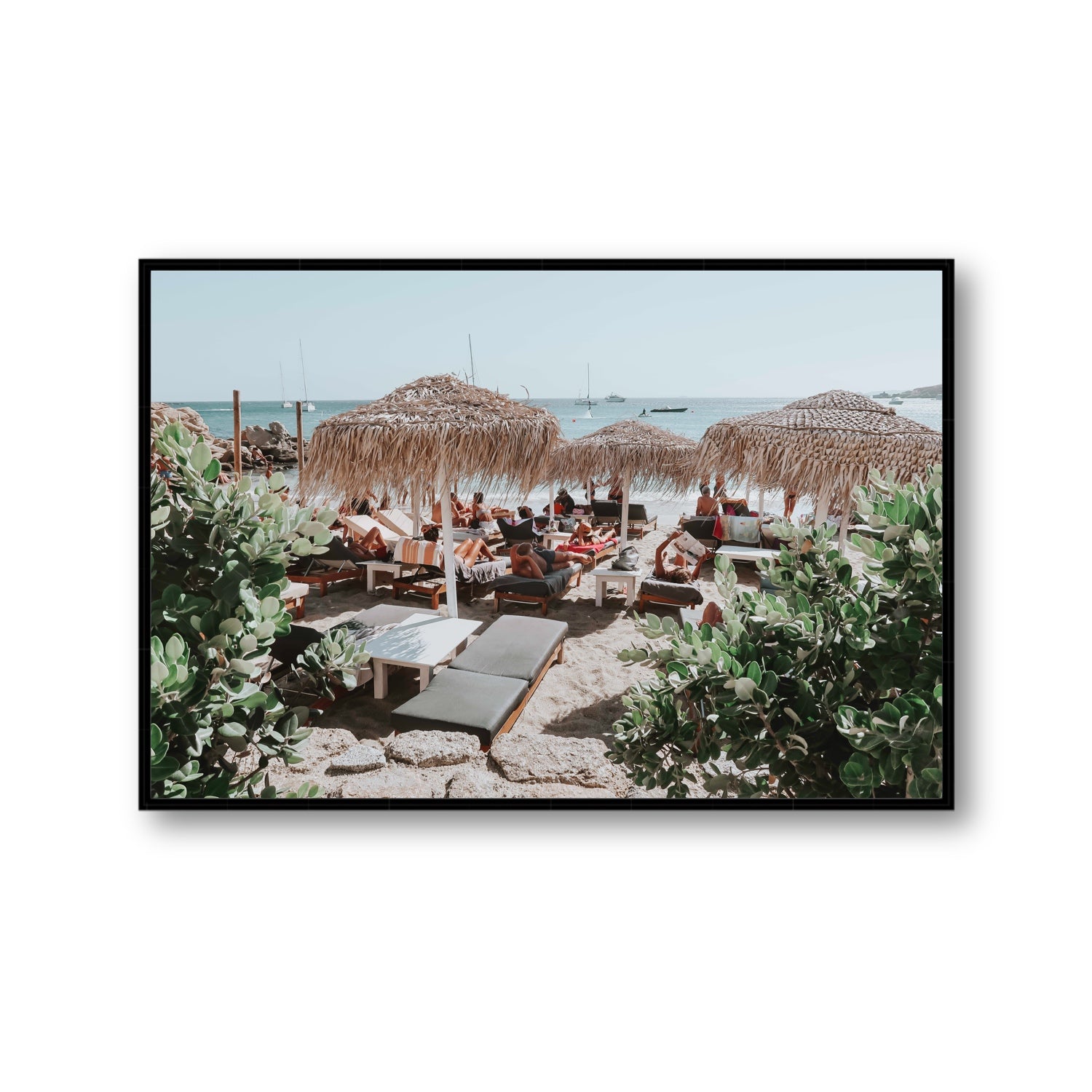 Greek Haven Mykonos Greek island coastal wall art Gallery fine art canvas in black float frame