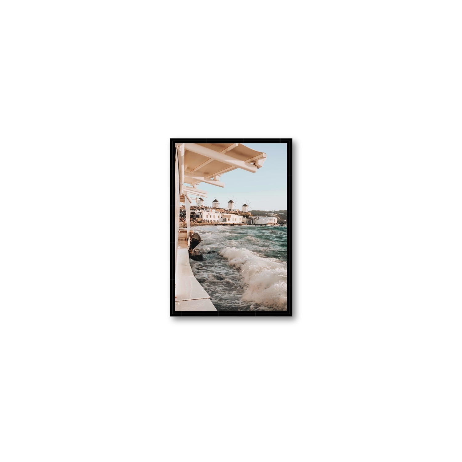 Windmills Mykonos Greek island wall art Small fine art canvas in black float frame