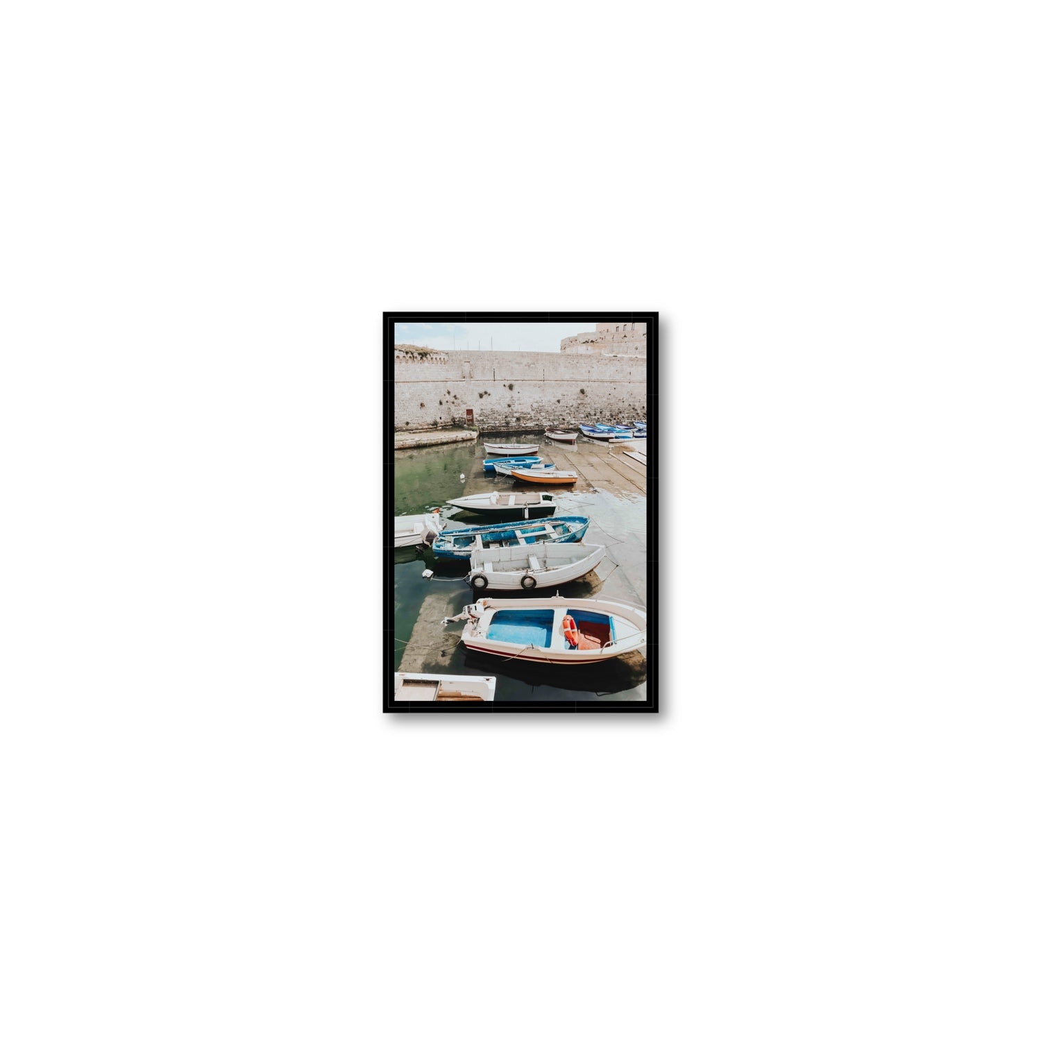 Harbour Palette Puglia coastal photography wall art Small fine art canvas in black float frame